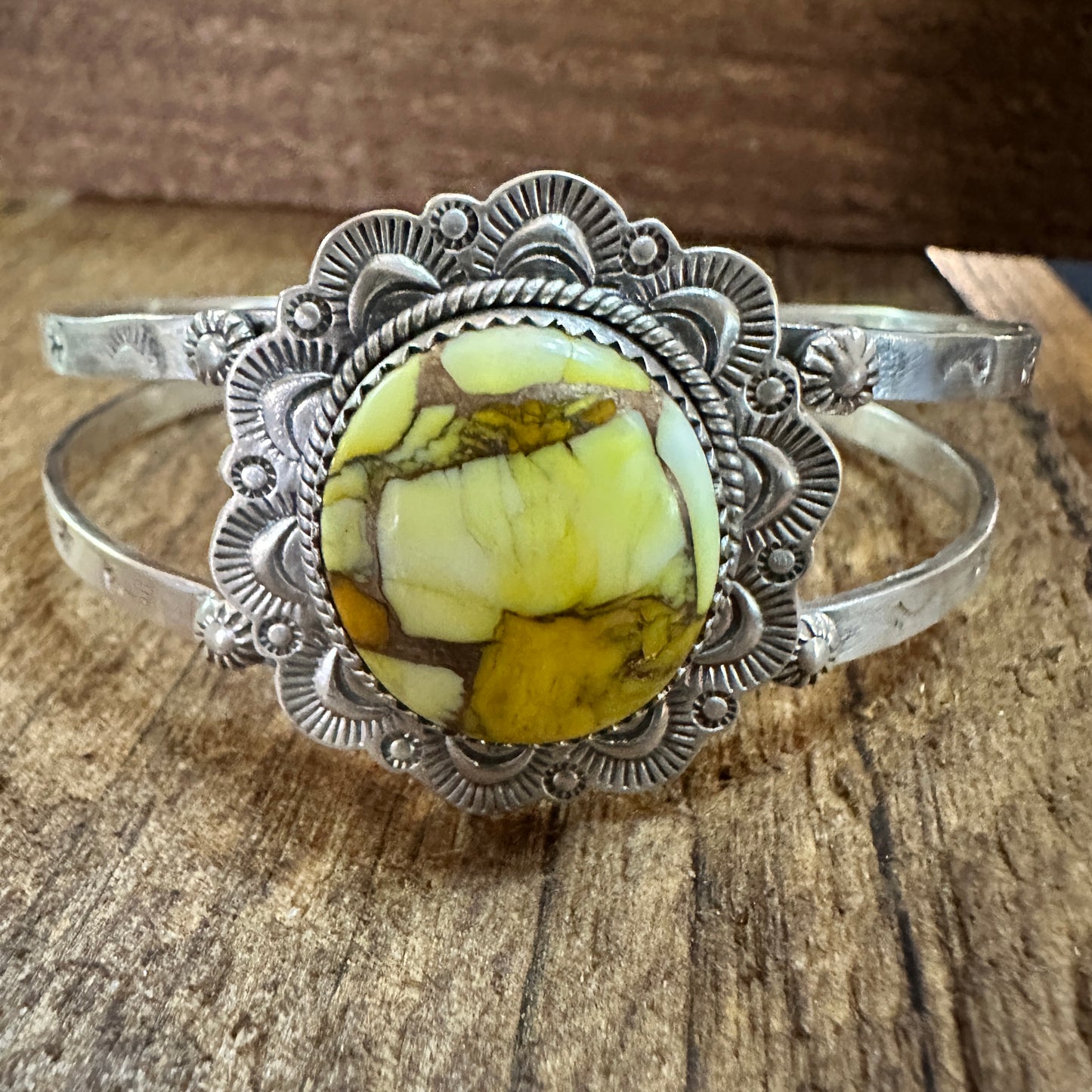 Handmade Sterling Silver Honey Dahlia Cuff Bracelet, Signed , Natural Stone