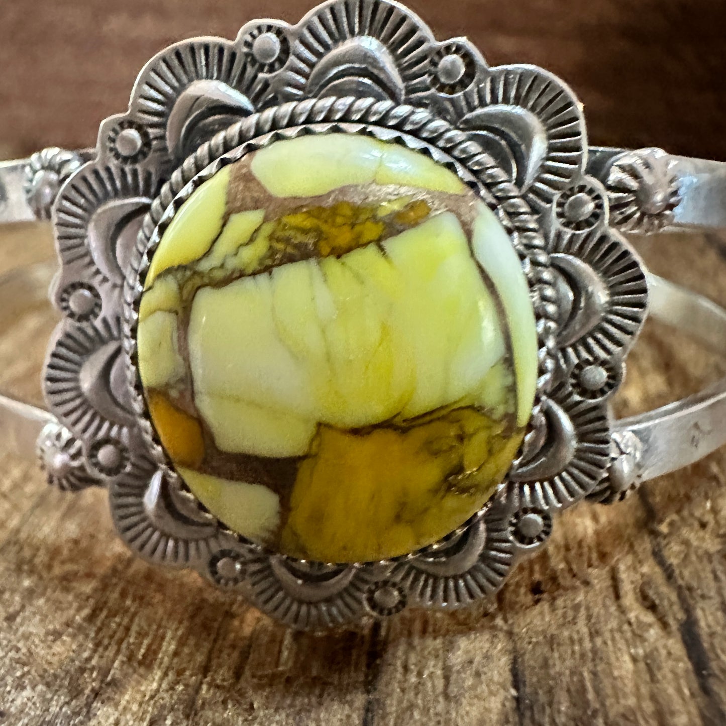 Handmade Sterling Silver Honey Dahlia Cuff Bracelet, Signed , Natural Stone