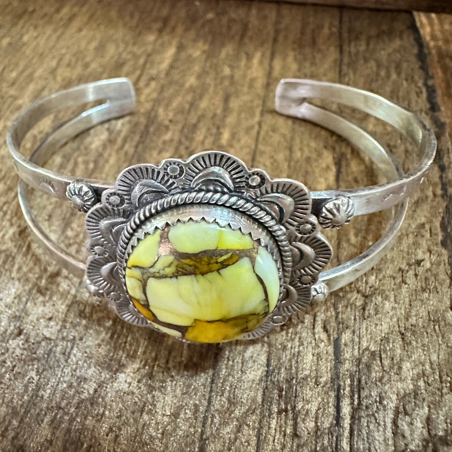 Handmade Sterling Silver Honey Dahlia Cuff Bracelet, Signed , Natural Stone