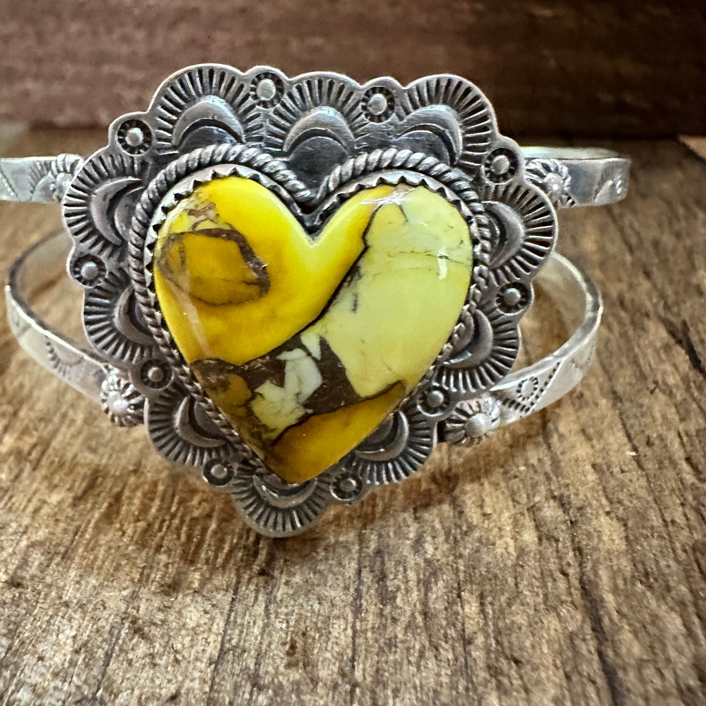 Handmade Sterling Silver Honey Dahlia Cuff Bracelet, Signed , Natural Stone