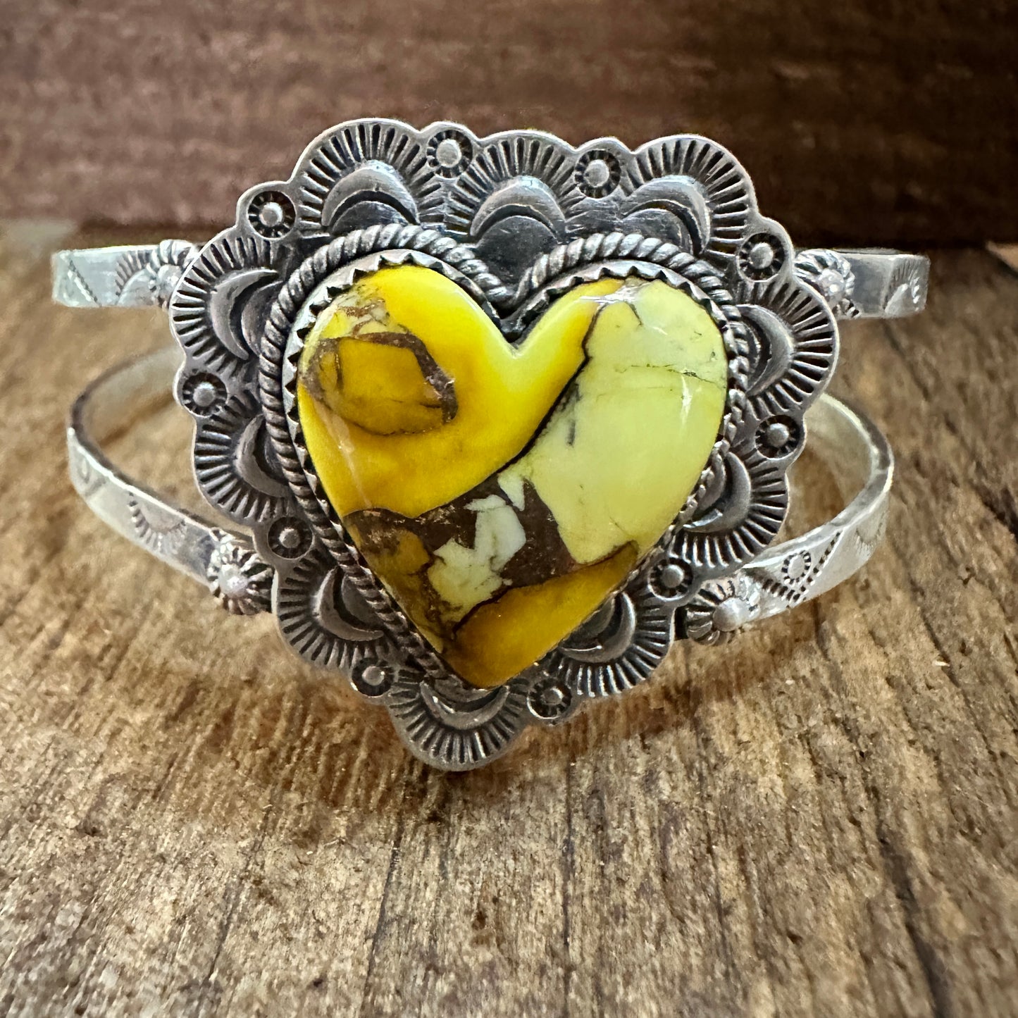 Handmade Sterling Silver Honey Dahlia Cuff Bracelet, Signed , Natural Stone