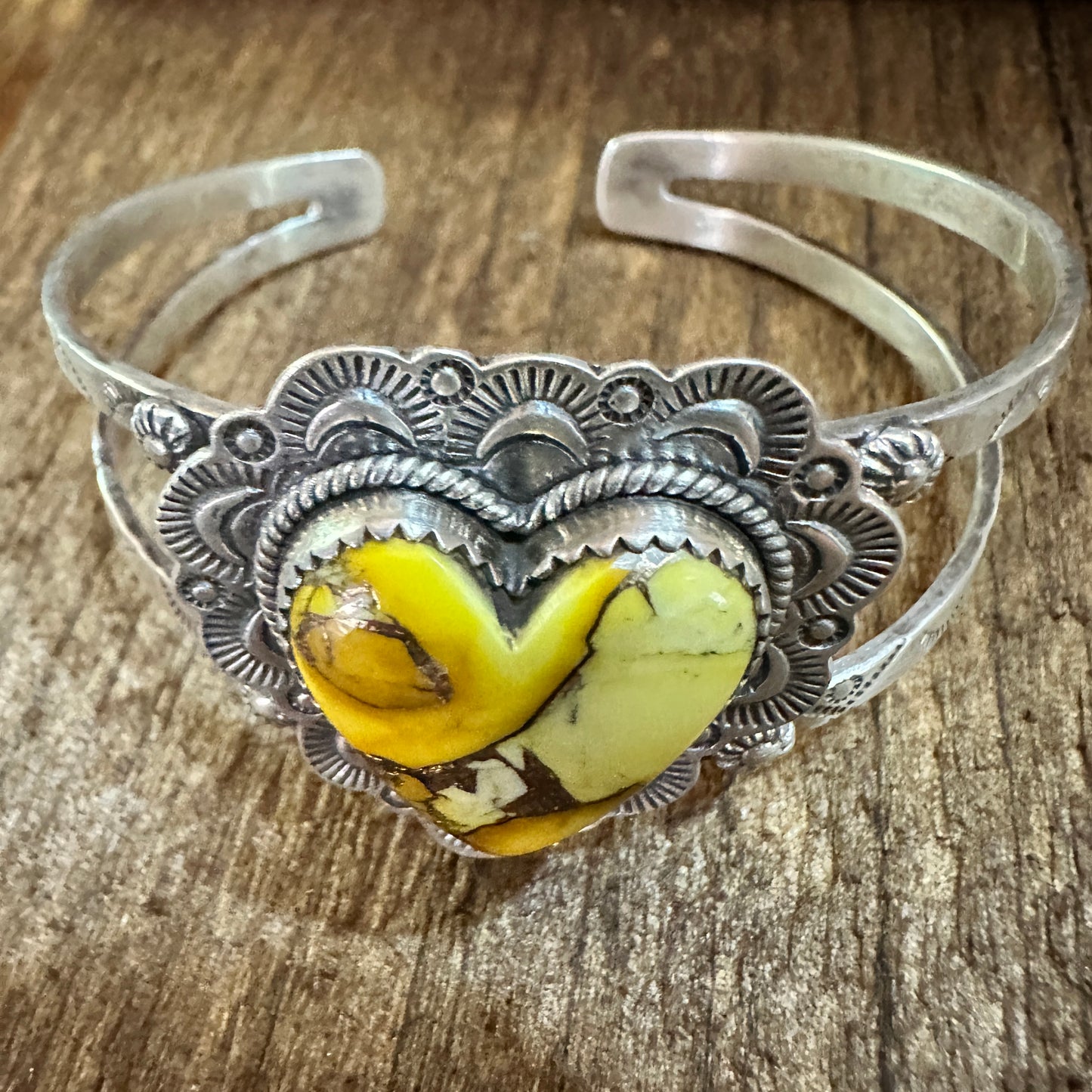 Handmade Sterling Silver Honey Dahlia Cuff Bracelet, Signed , Natural Stone