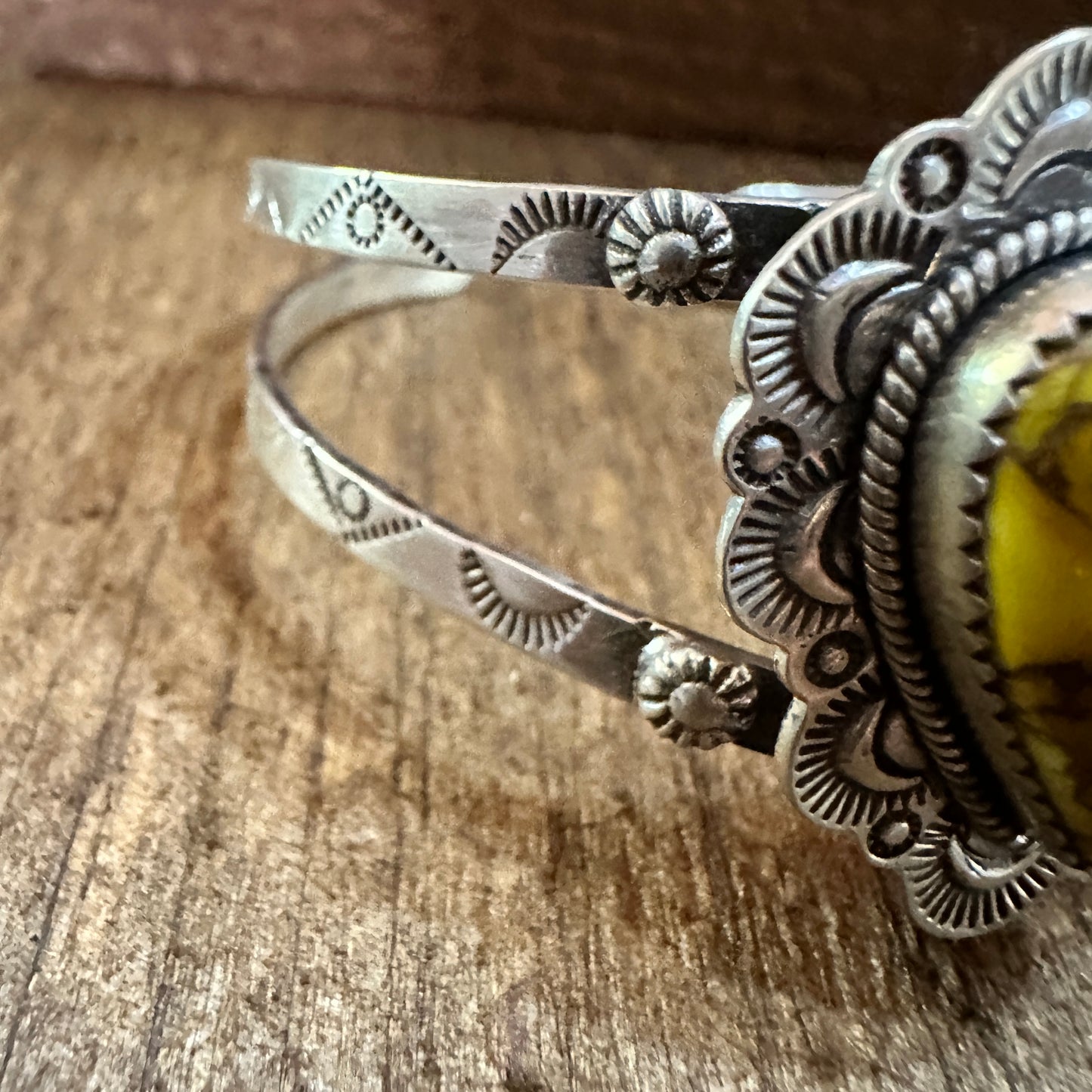Handmade Sterling Silver Honey Dahlia Cuff Bracelet, Signed , Natural Stone