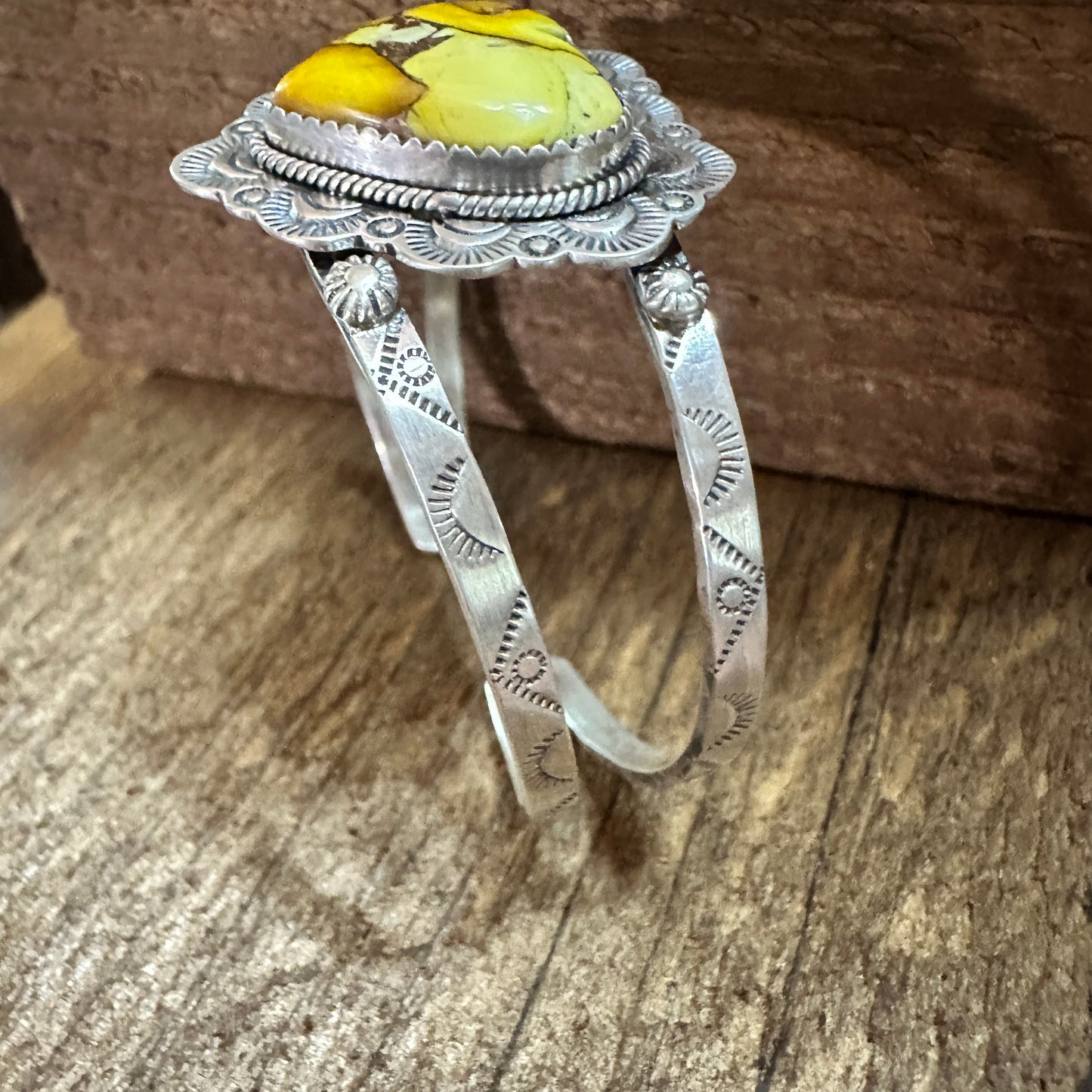 Handmade Sterling Silver Honey Dahlia Cuff Bracelet, Signed , Natural Stone