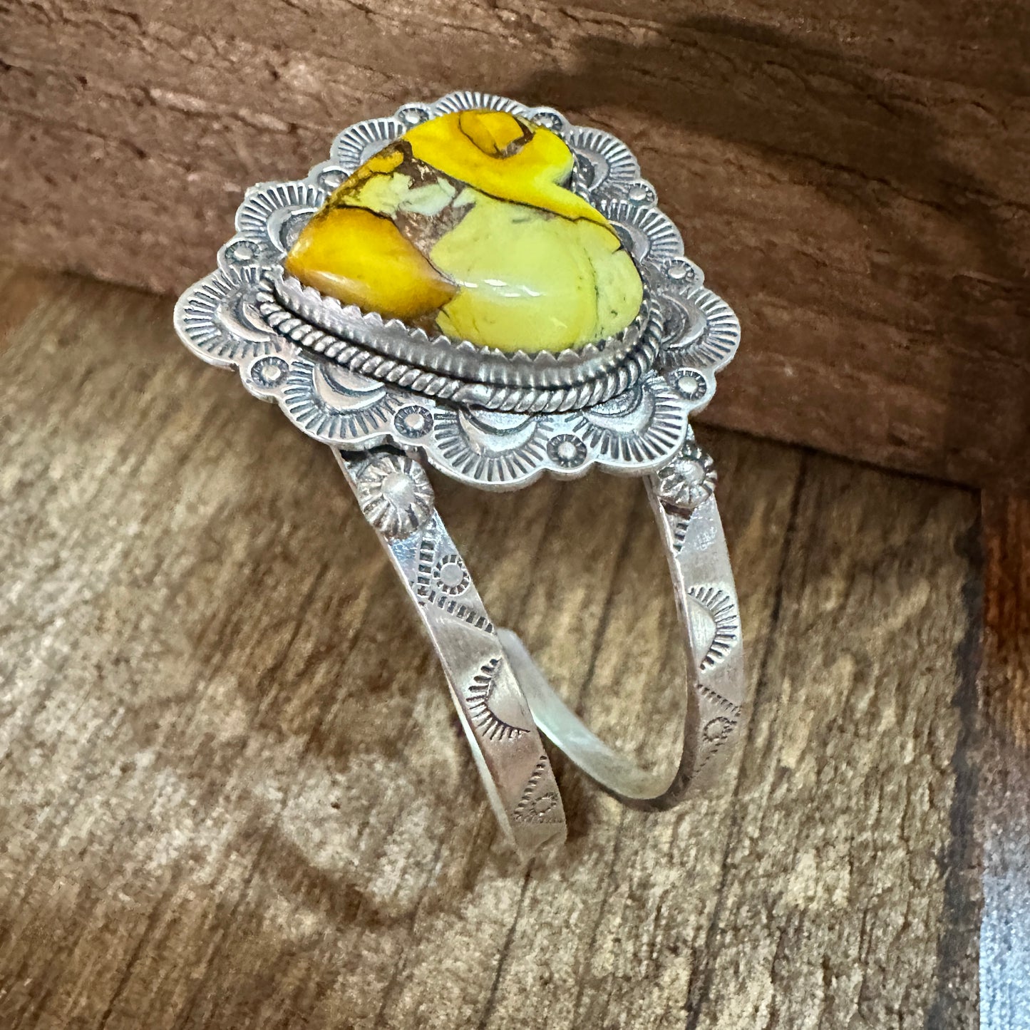 Handmade Sterling Silver Honey Dahlia Cuff Bracelet, Signed , Natural Stone