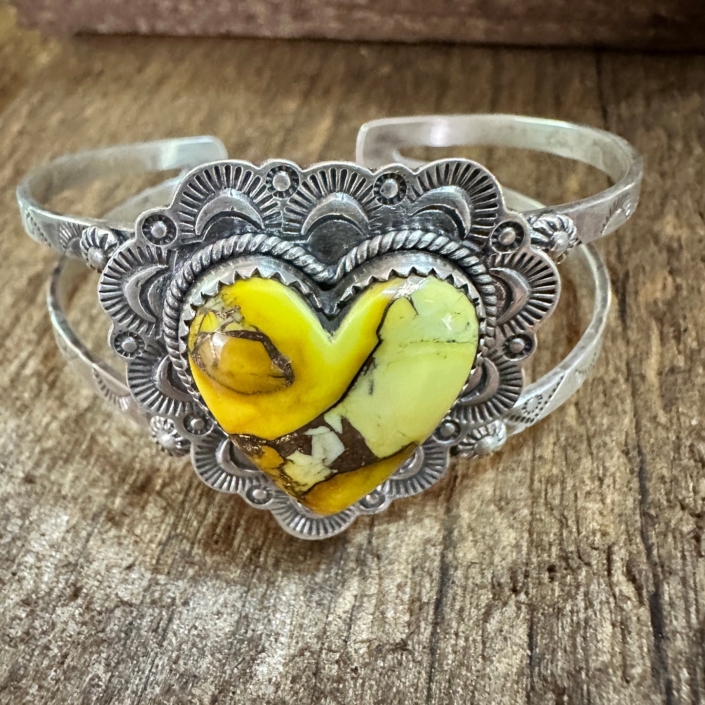 Handmade Sterling Silver Honey Dahlia Cuff Bracelet, Signed , Natural Stone