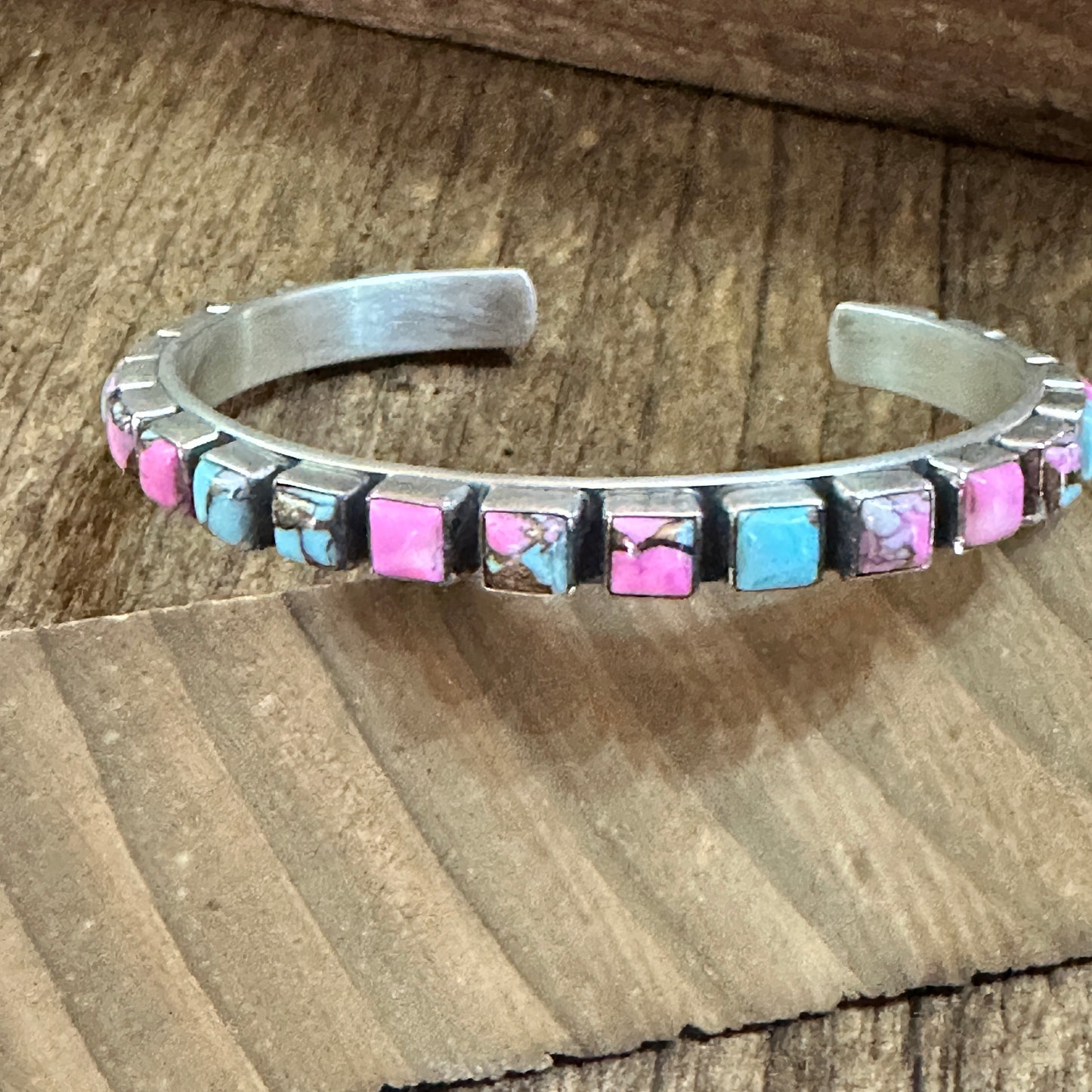 Handmade Sterling Silver Cotton Candy Dahlia Cuff Bracelet, Signed, Natural Stones