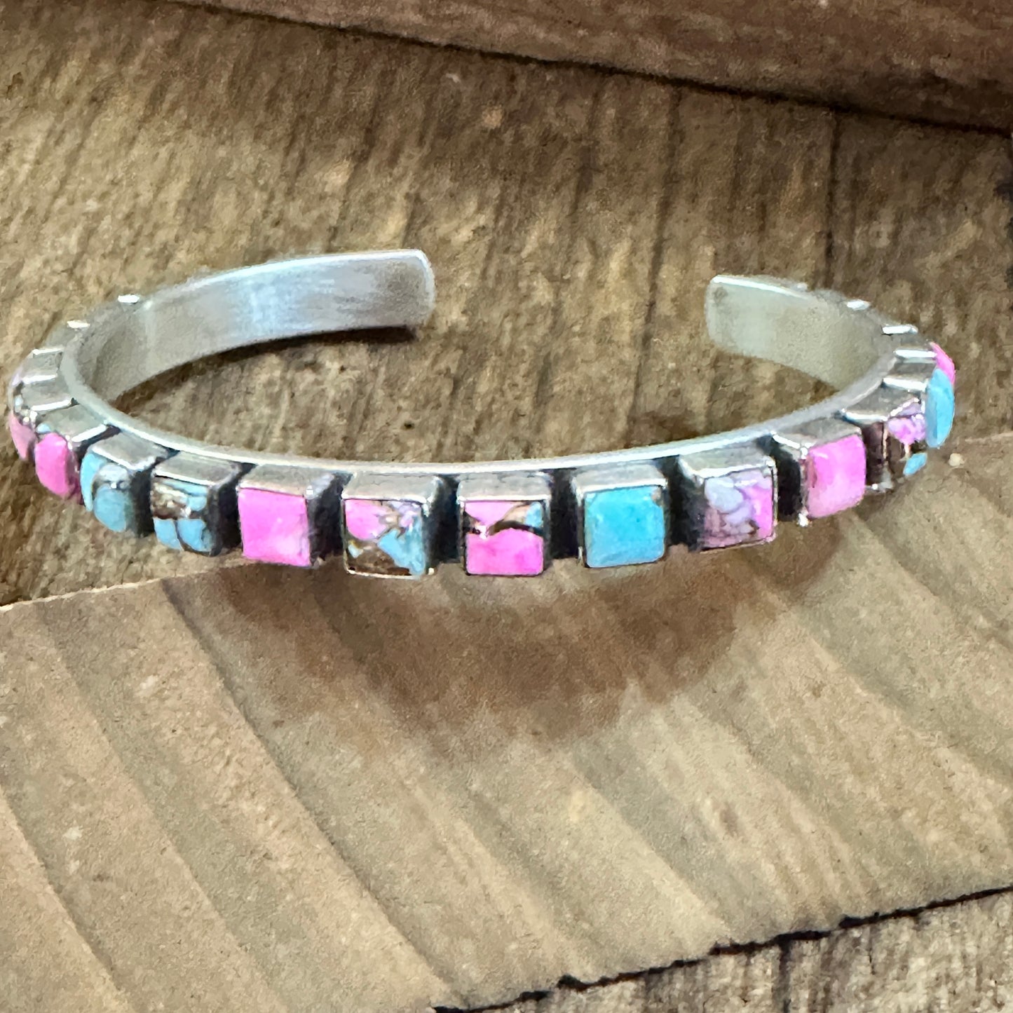 Handmade Sterling Silver Cotton Candy Dahlia Cuff Bracelet, Signed, Natural Stones