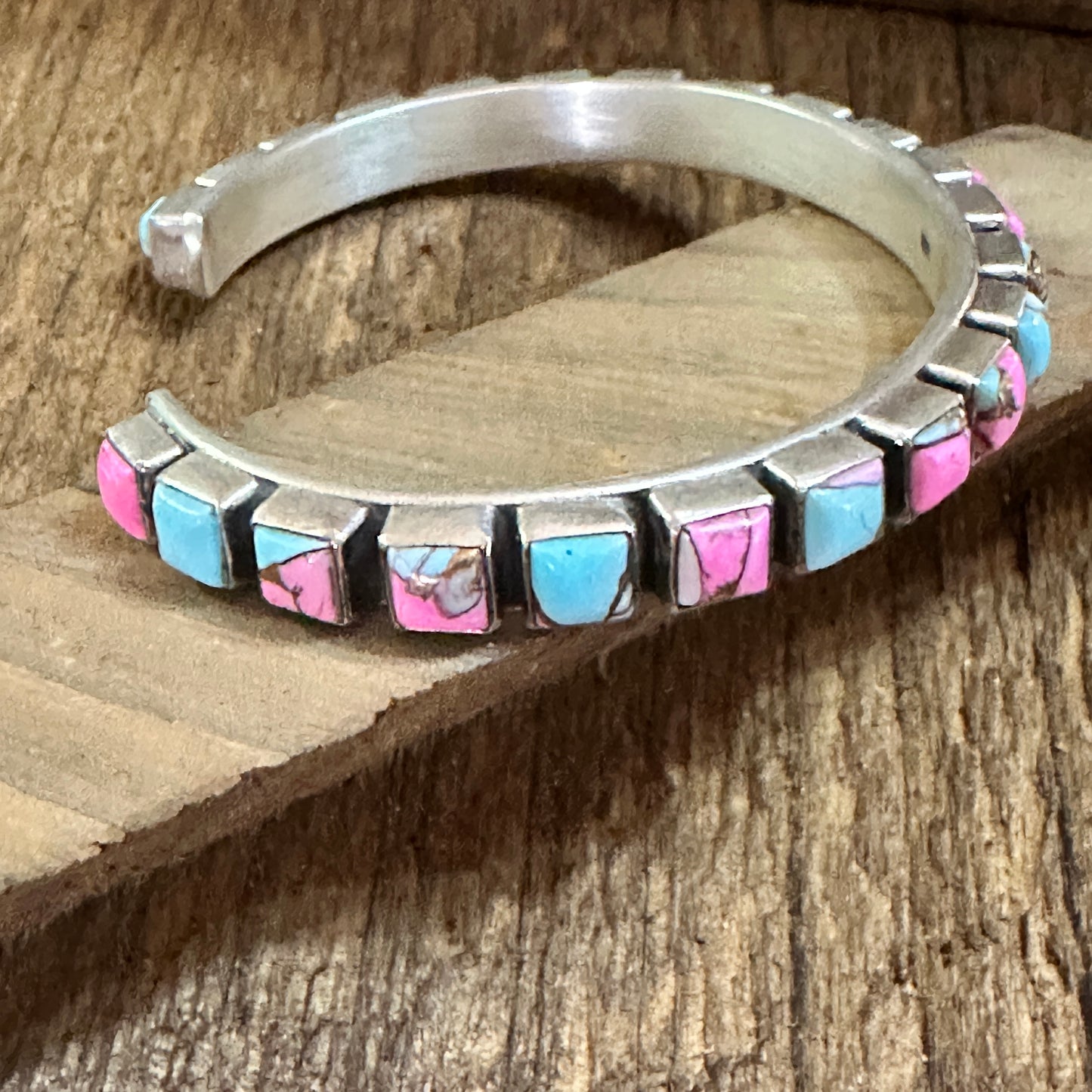 Handmade Sterling Silver Cotton Candy Dahlia Cuff Bracelet, Signed, Natural Stones