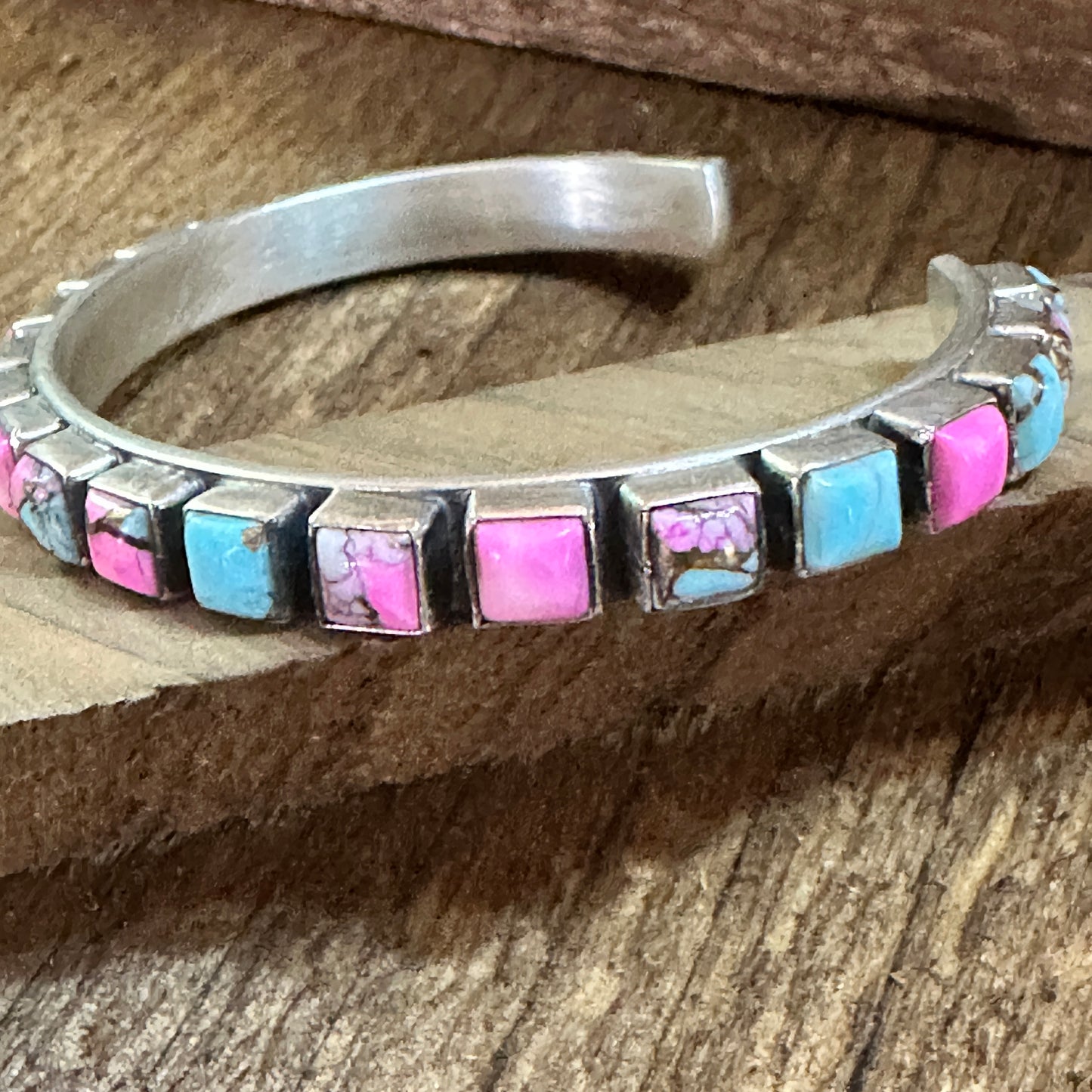 Handmade Sterling Silver Cotton Candy Dahlia Cuff Bracelet, Signed, Natural Stones