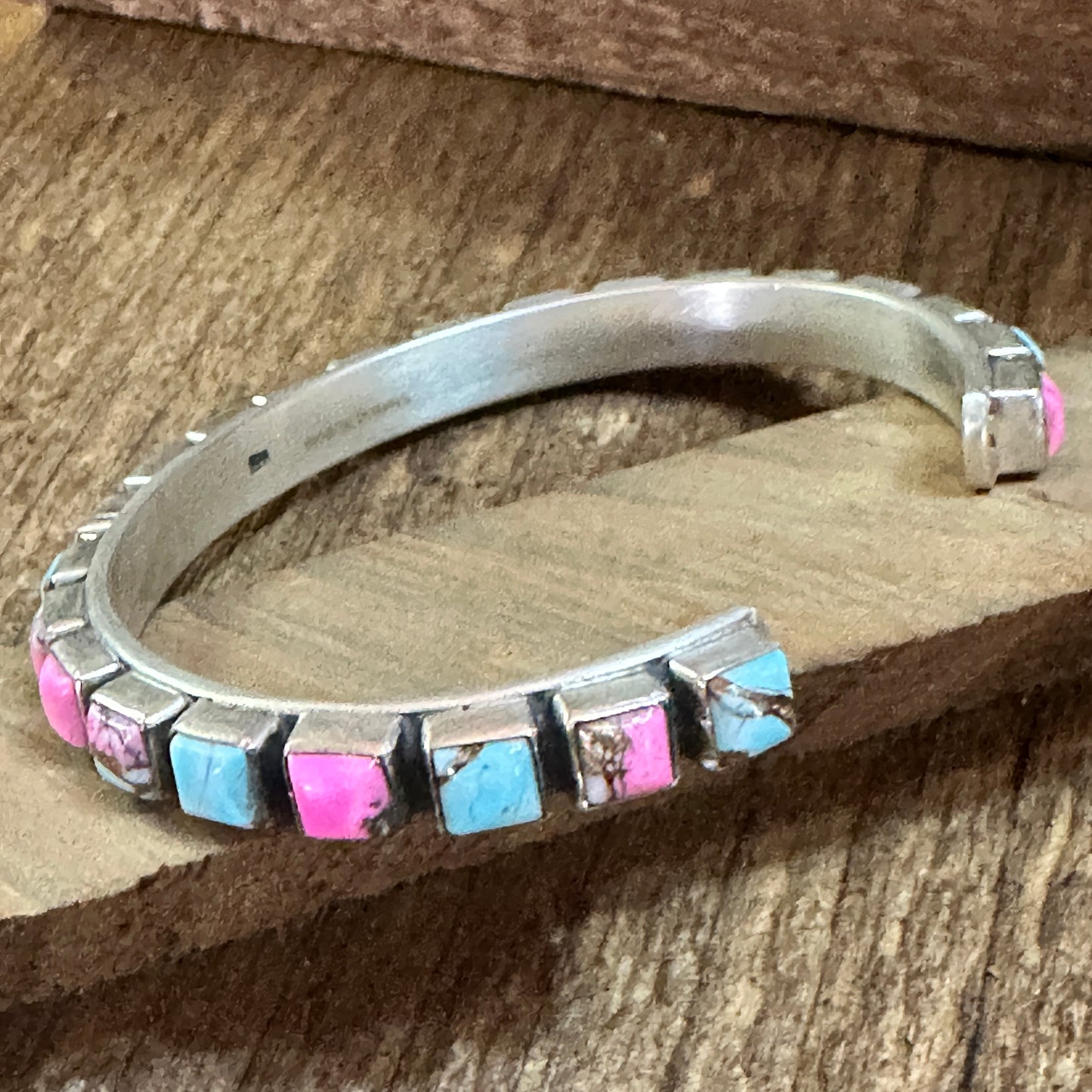 Handmade Sterling Silver Cotton Candy Dahlia Cuff Bracelet, Signed, Natural Stones