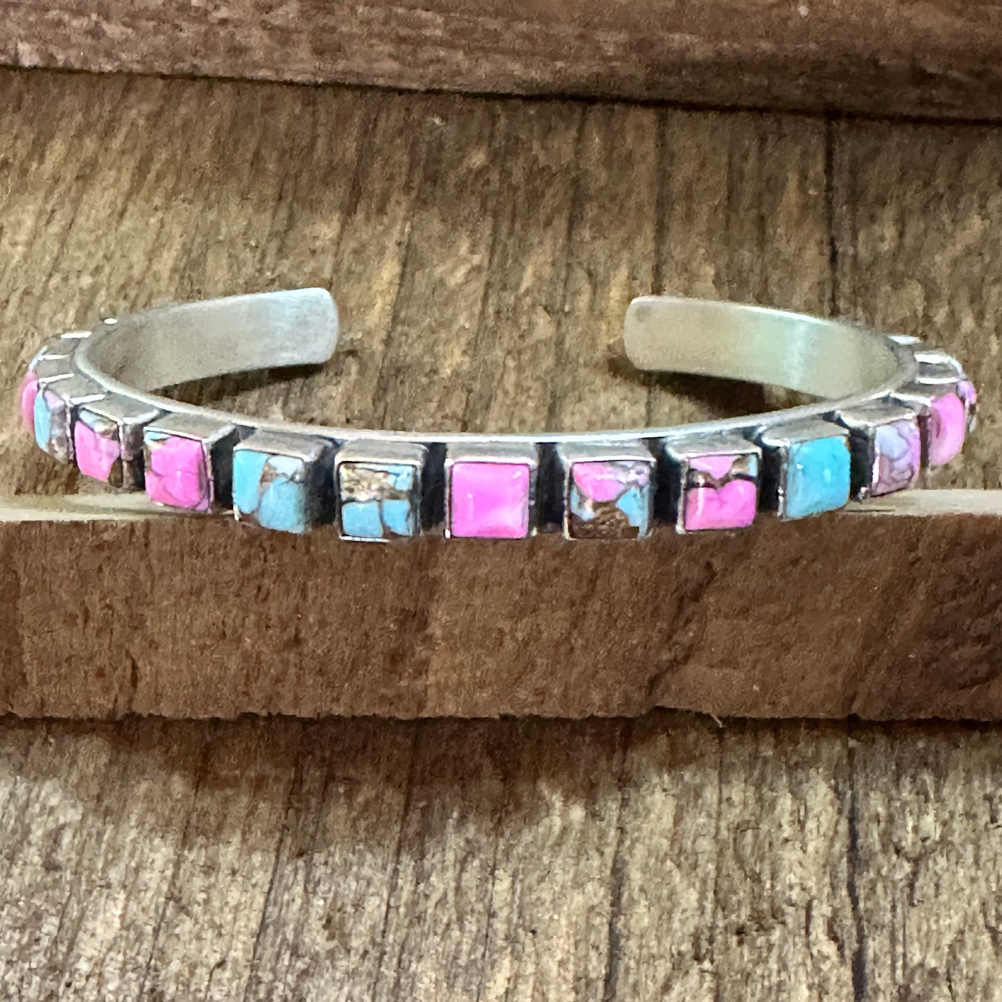 Handmade Sterling Silver Cotton Candy Dahlia Cuff Bracelet, Signed, Natural Stones