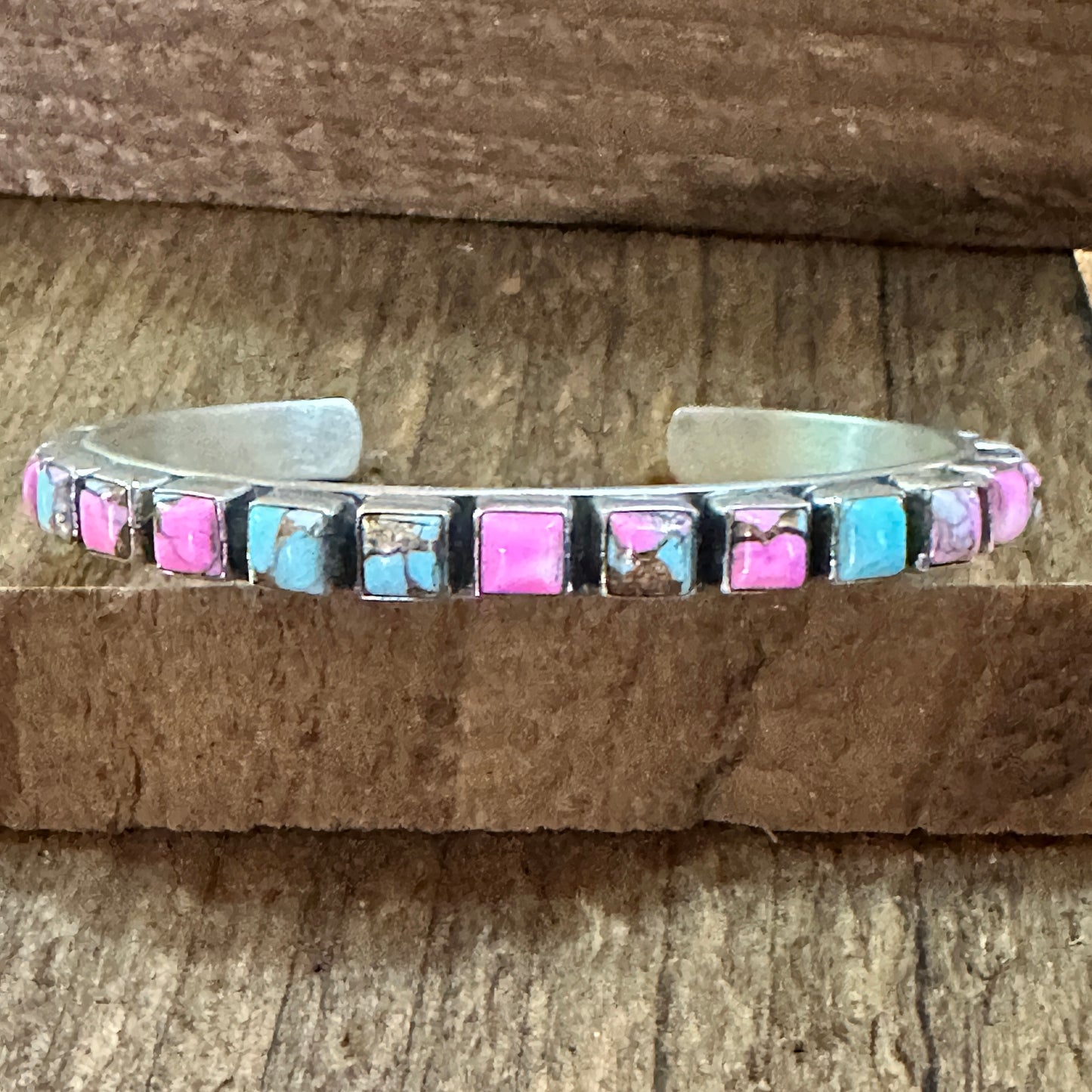 Handmade Sterling Silver Cotton Candy Dahlia Cuff Bracelet, Signed, Natural Stones