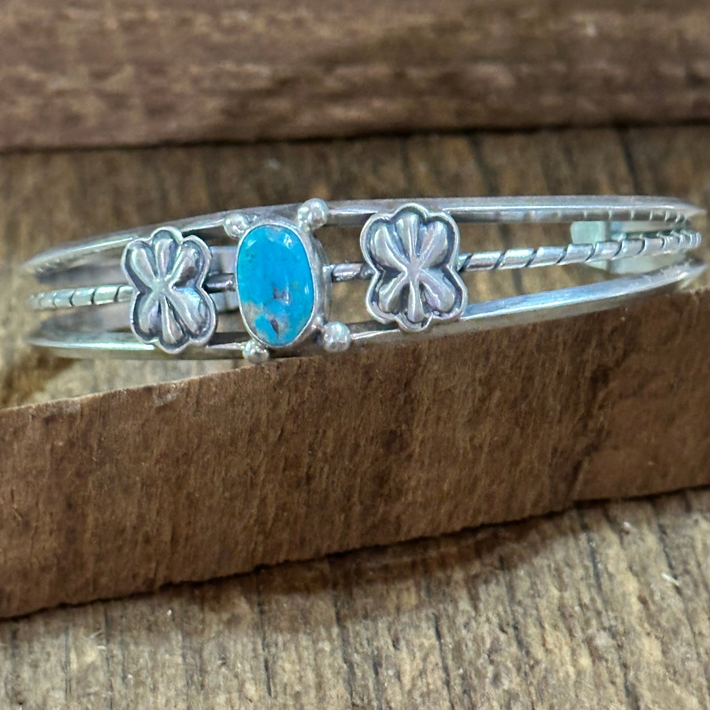 Navajo Sterling Cuff & Kingman Turquoise Floral Cuff Bracelet, Gift Box