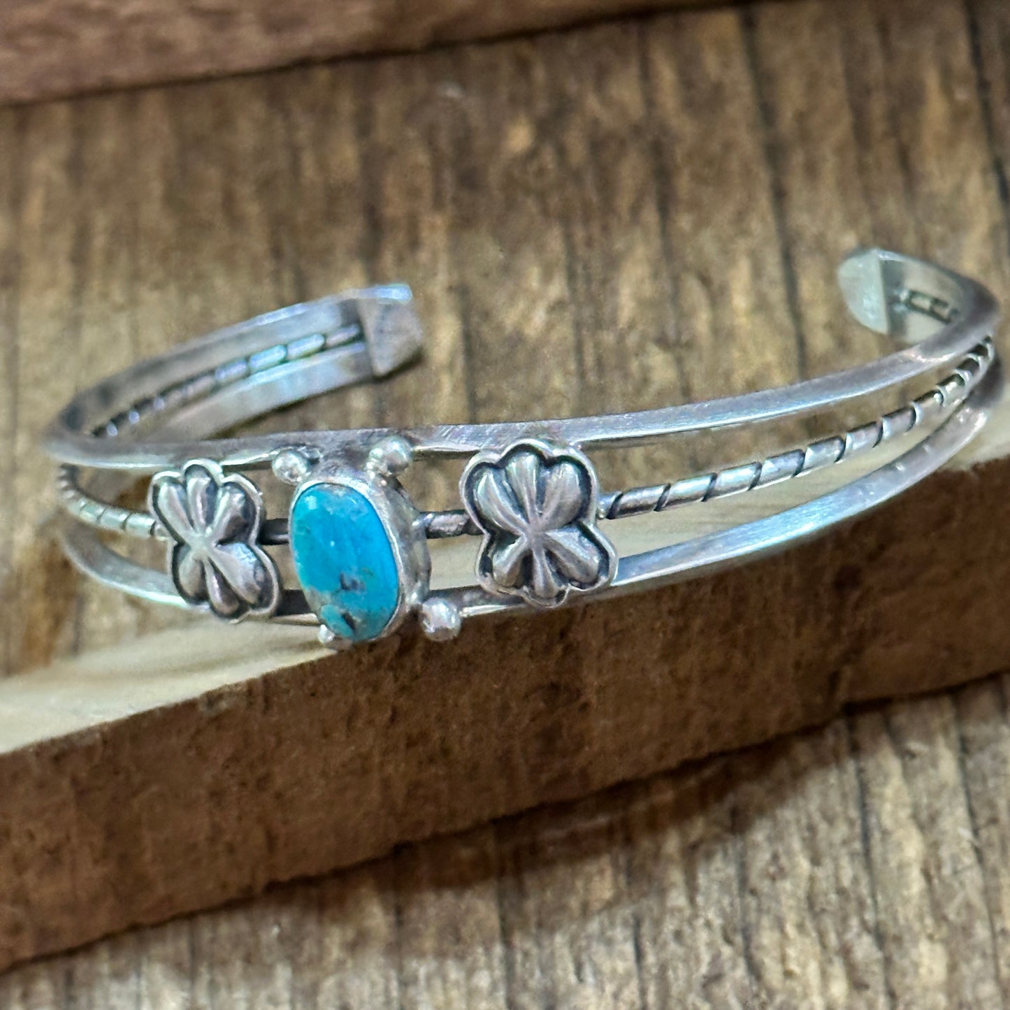 Navajo Sterling Cuff & Kingman Turquoise Floral Cuff Bracelet, Gift Box
