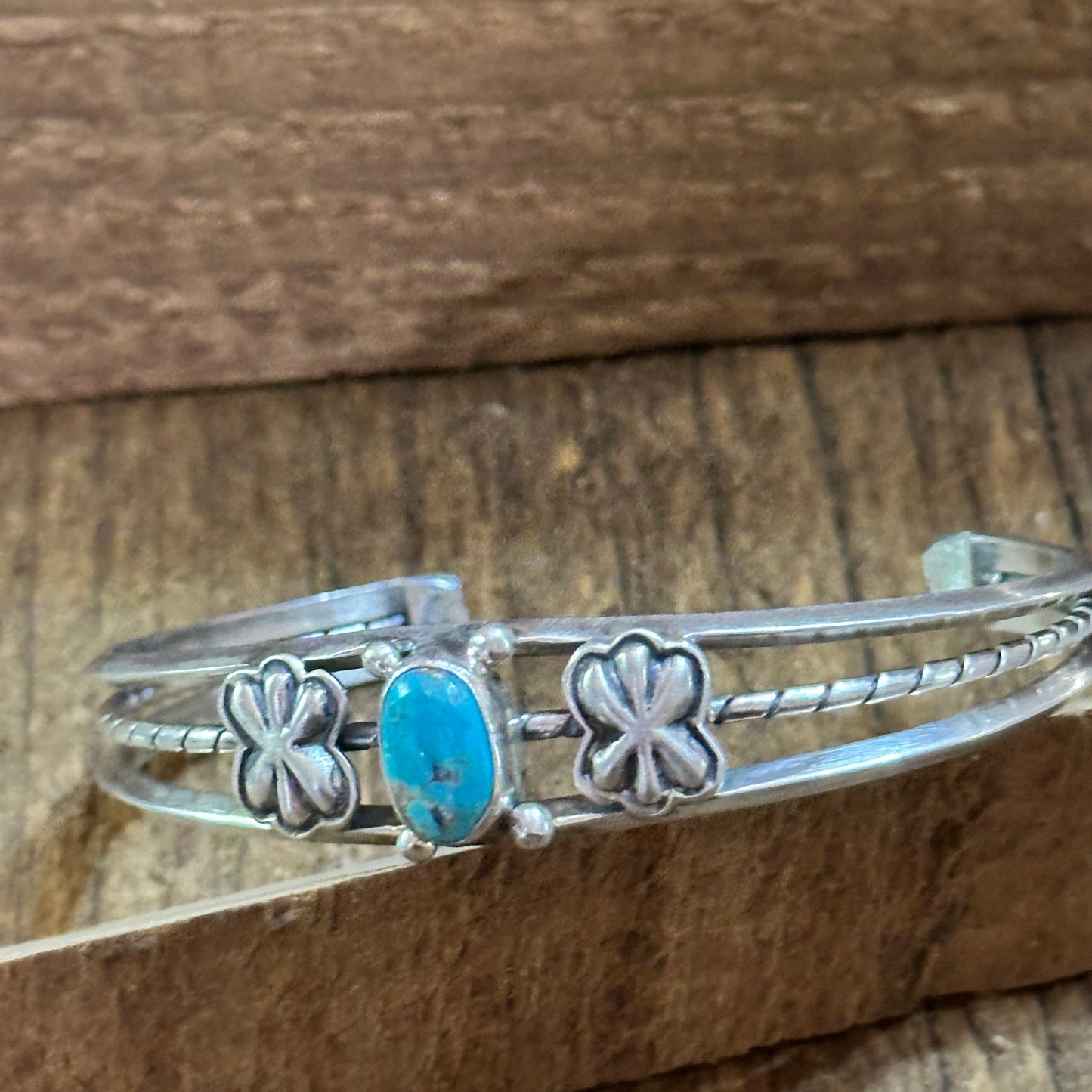 Navajo Sterling Cuff & Kingman Turquoise Floral Cuff Bracelet, Gift Box