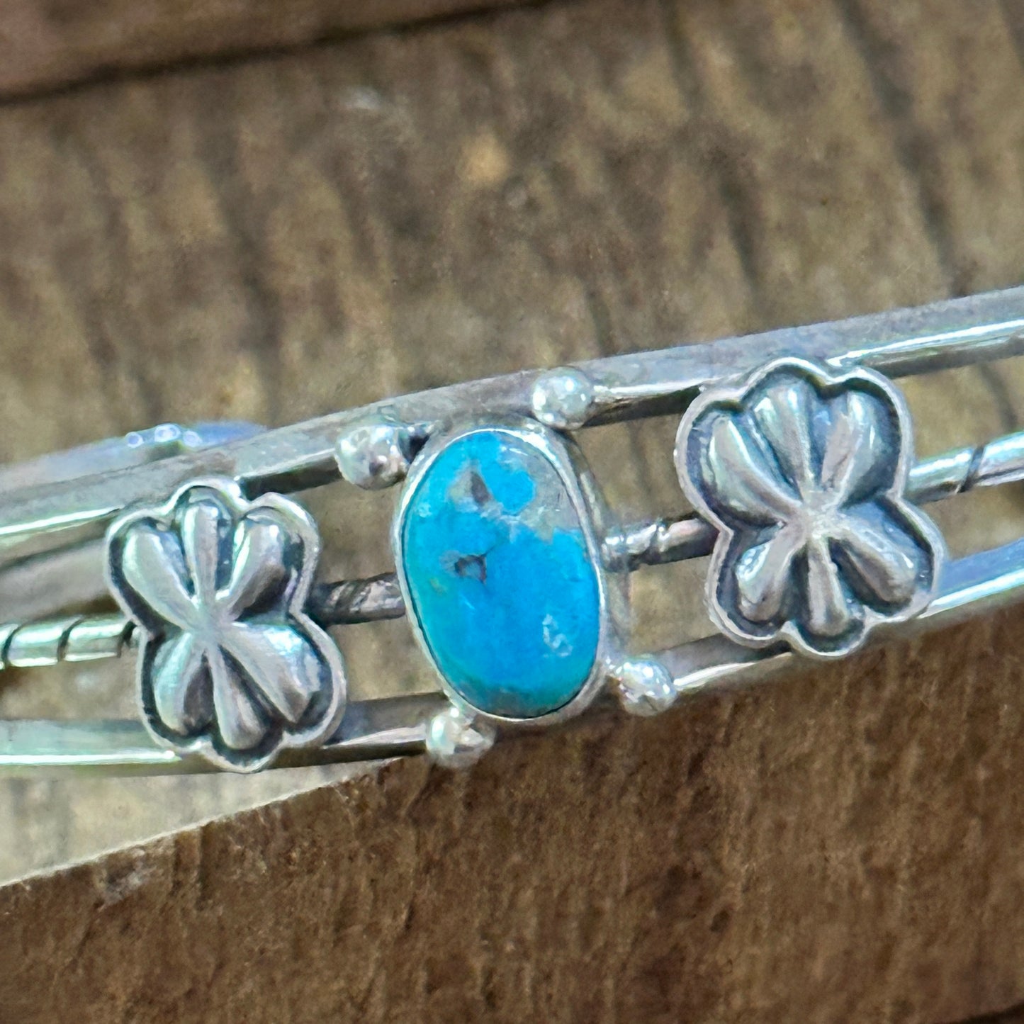 Navajo Sterling Cuff & Kingman Turquoise Floral Cuff Bracelet, Gift Box