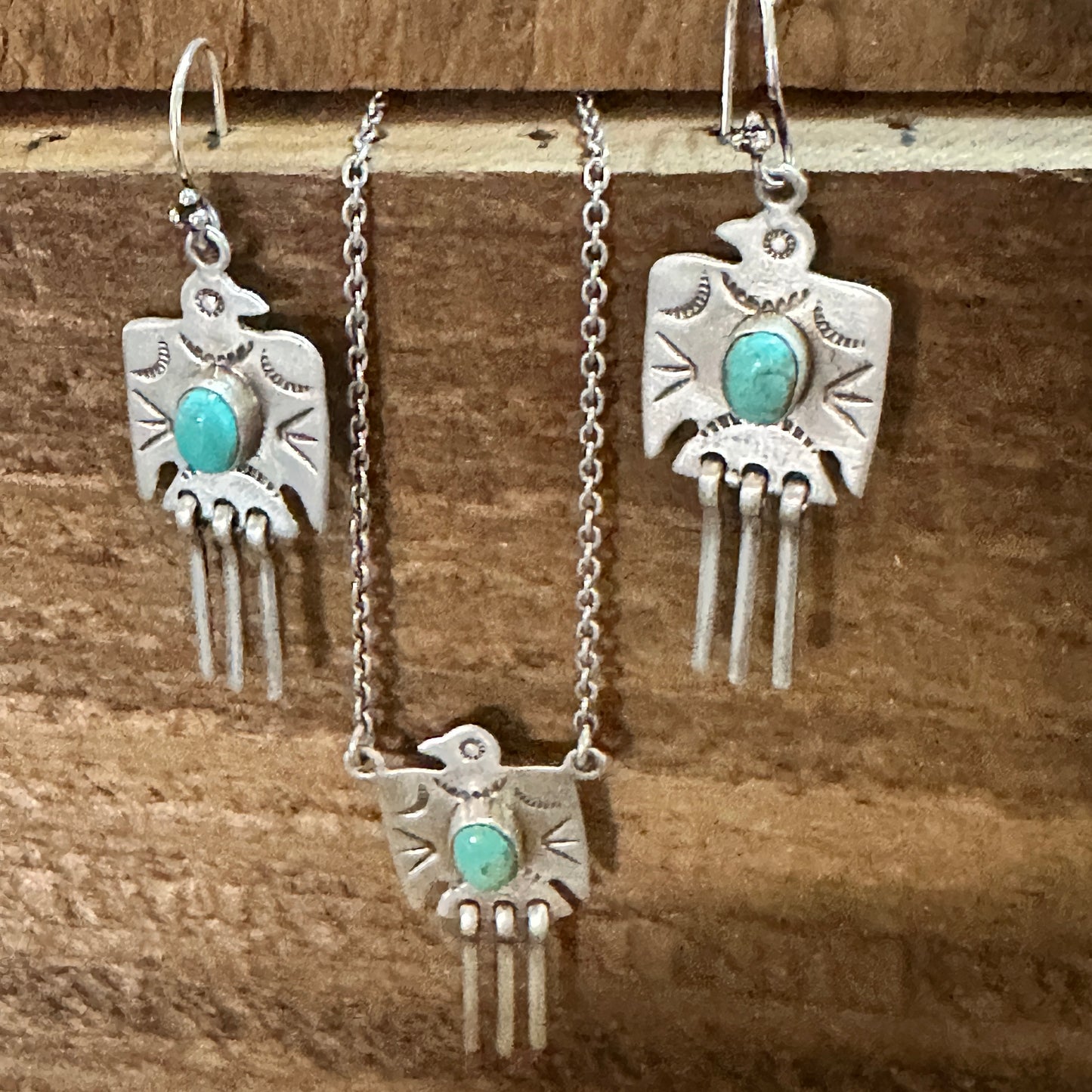 Handmade Kingman Turquoise Dangle Thunderbird Necklace Set Sterling Silver