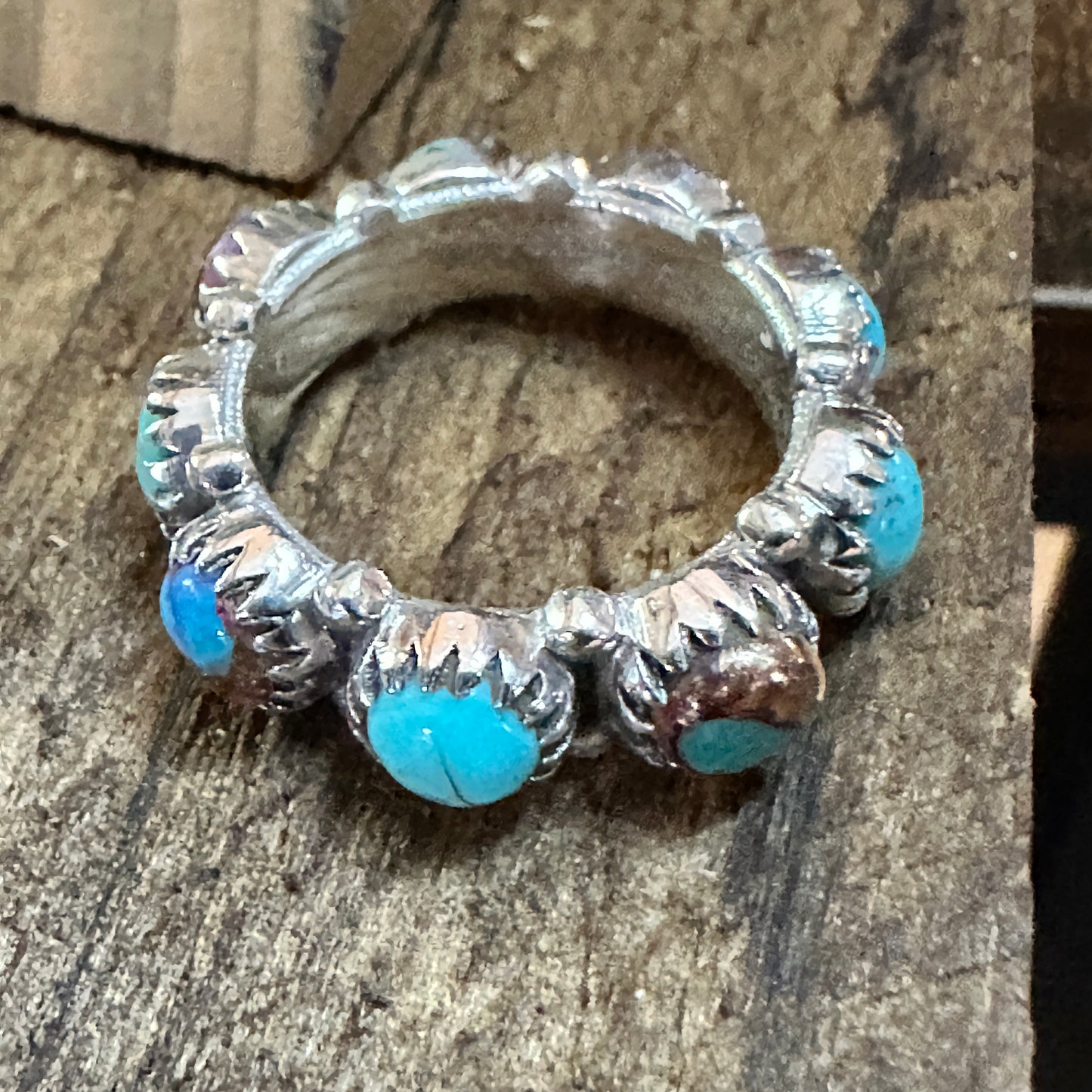 Pink Dream and Kingman Turquoise Sterling Silver Eternity Band Size 6