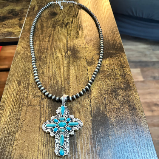 Navajo Aztec Turquoise Pendant Necklace 30 Inch Long with 8mm Beads