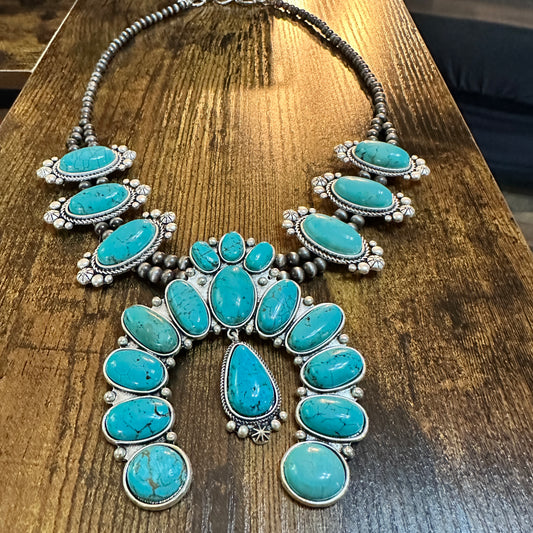 Squash Blossom Turquoise Necklace 24 Inch Natural Stone Navajo Bead Jewelry
