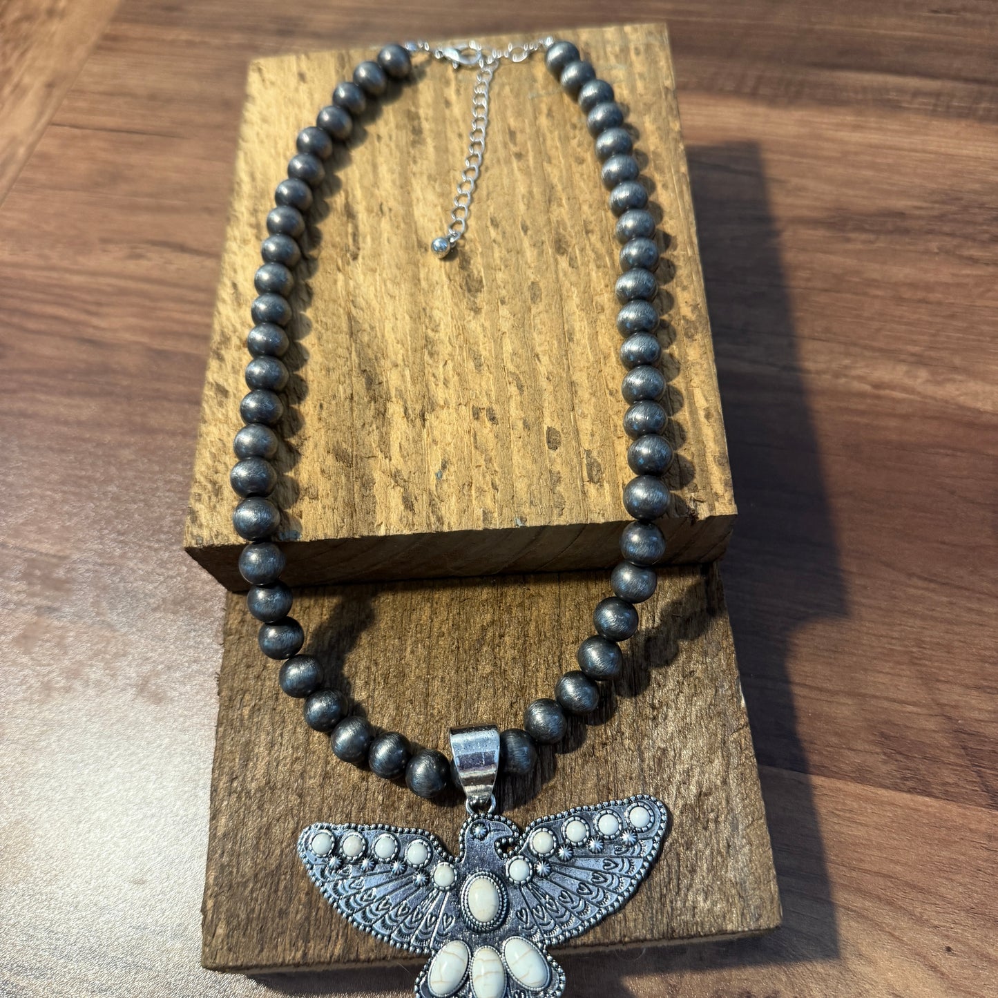 Western Thunderbird Pendant Navajo Style Pearl Bead Necklace in White