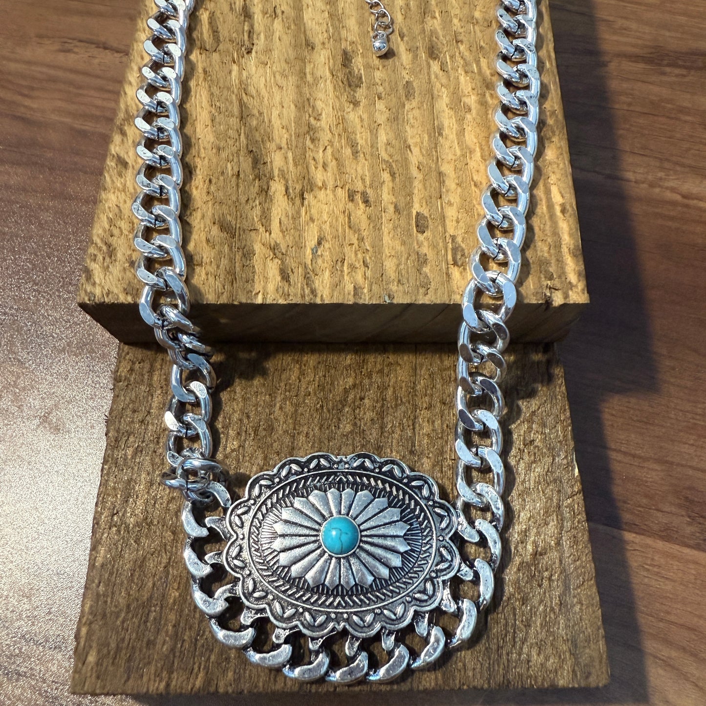 Western Concho Chain Necklace with Extender and Pendant