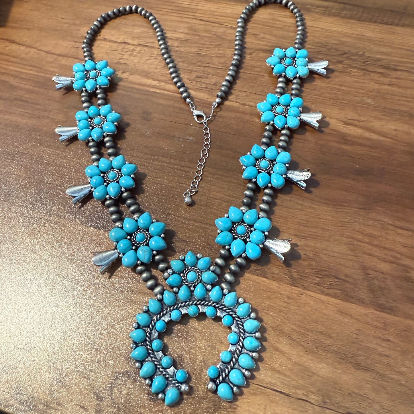 Squash Blossom Necklace with Turquoise Pendant Southwestern Jewelry