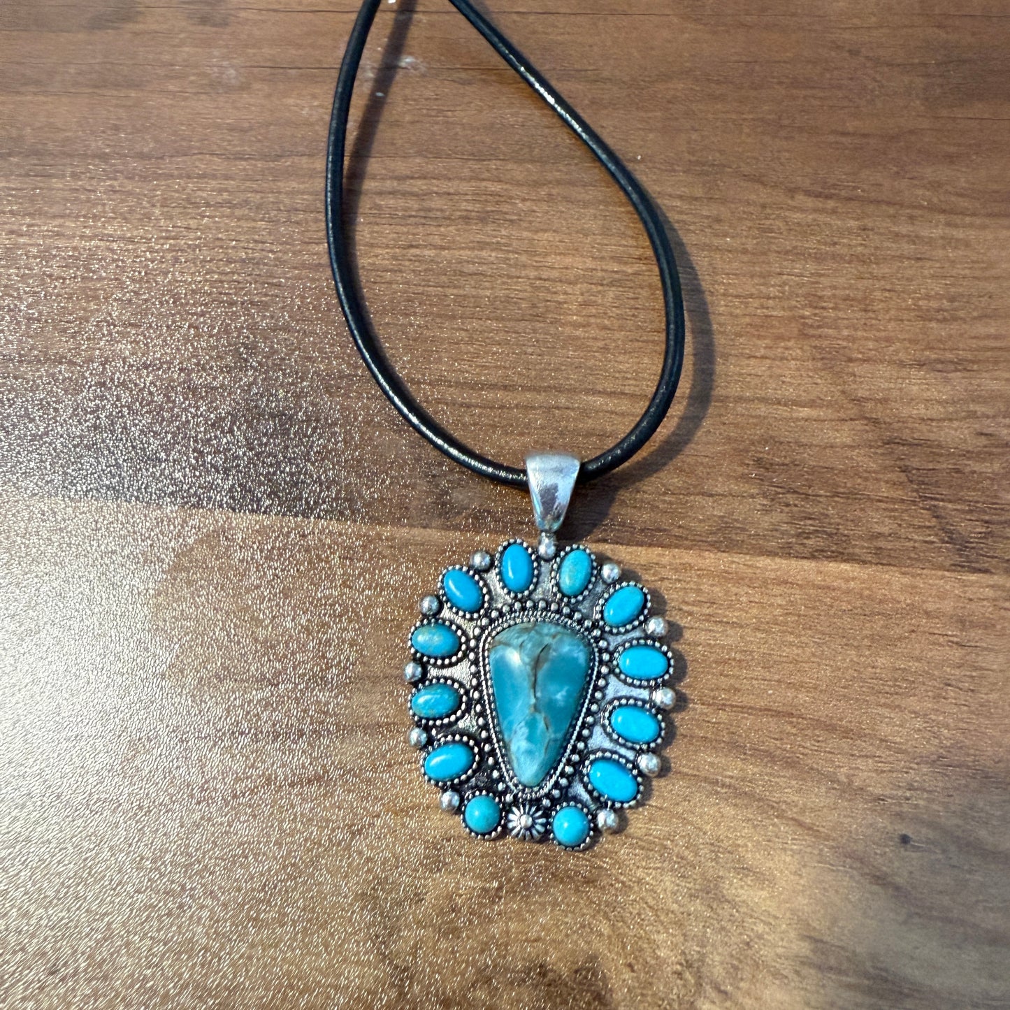Western Thunderbird Pendant Necklace with Turquoise Conch and Burnished Silver Finish