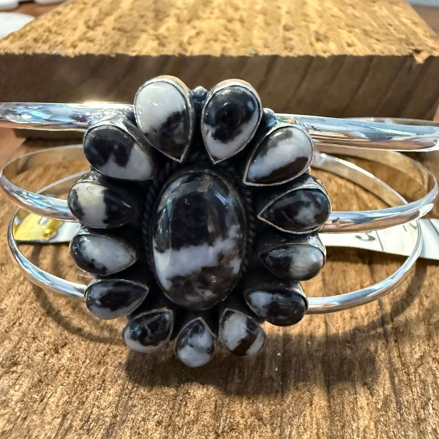 White Buffalo Dahlia Turquoise Adjustable Sterling Cuff