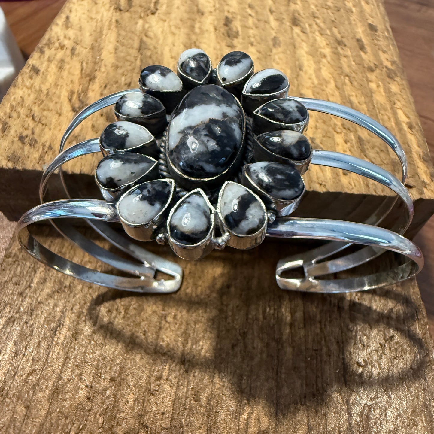 White Buffalo Dahlia Turquoise Adjustable Sterling Cuff