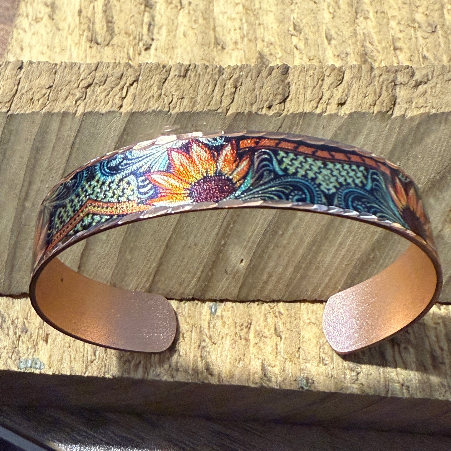 Handcrafted Copper Sunflower Narrow Cuff Bracelet Gift Box