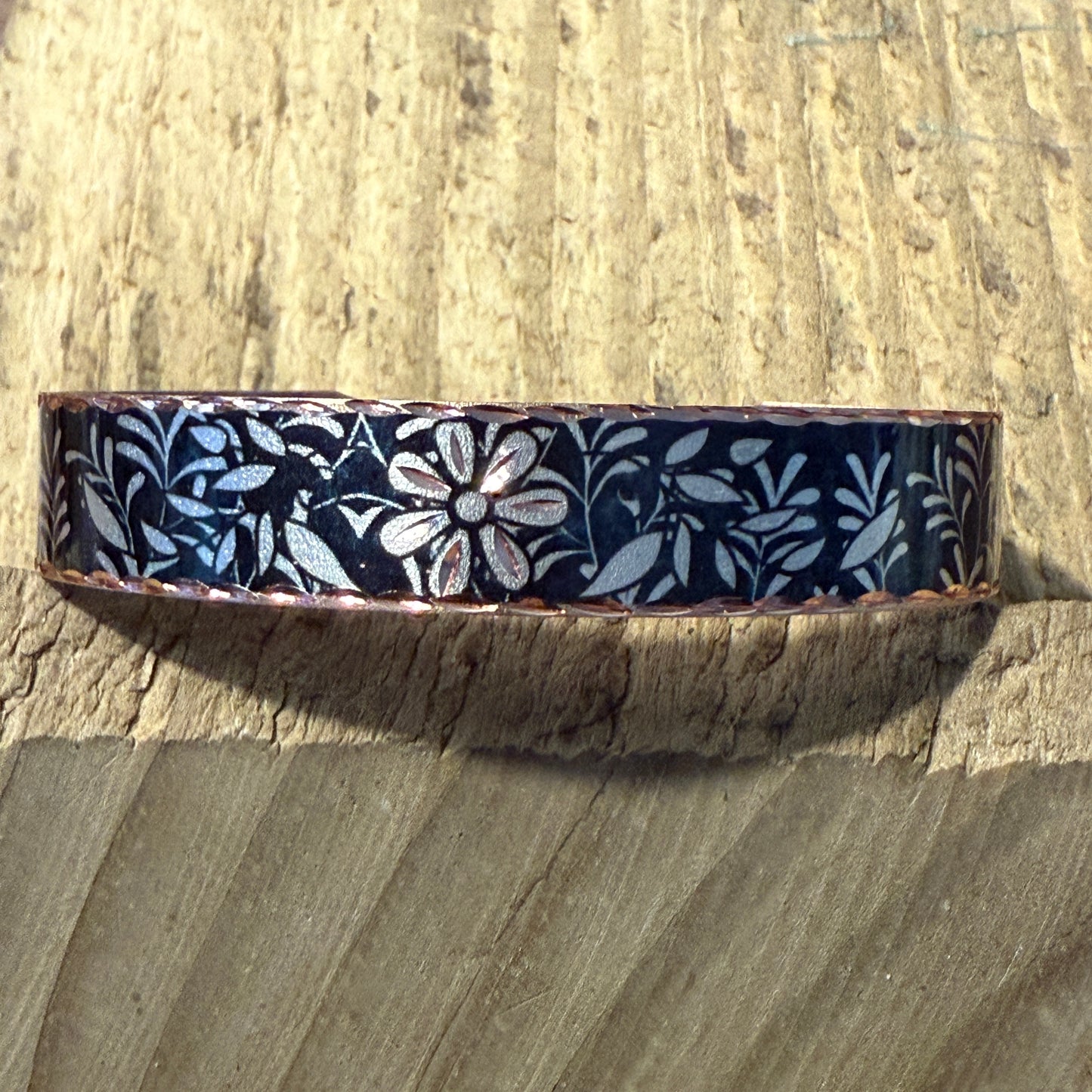 Handcrafted Copper Black Diamond Floral Narrow Cuff Bracelet Gift Box