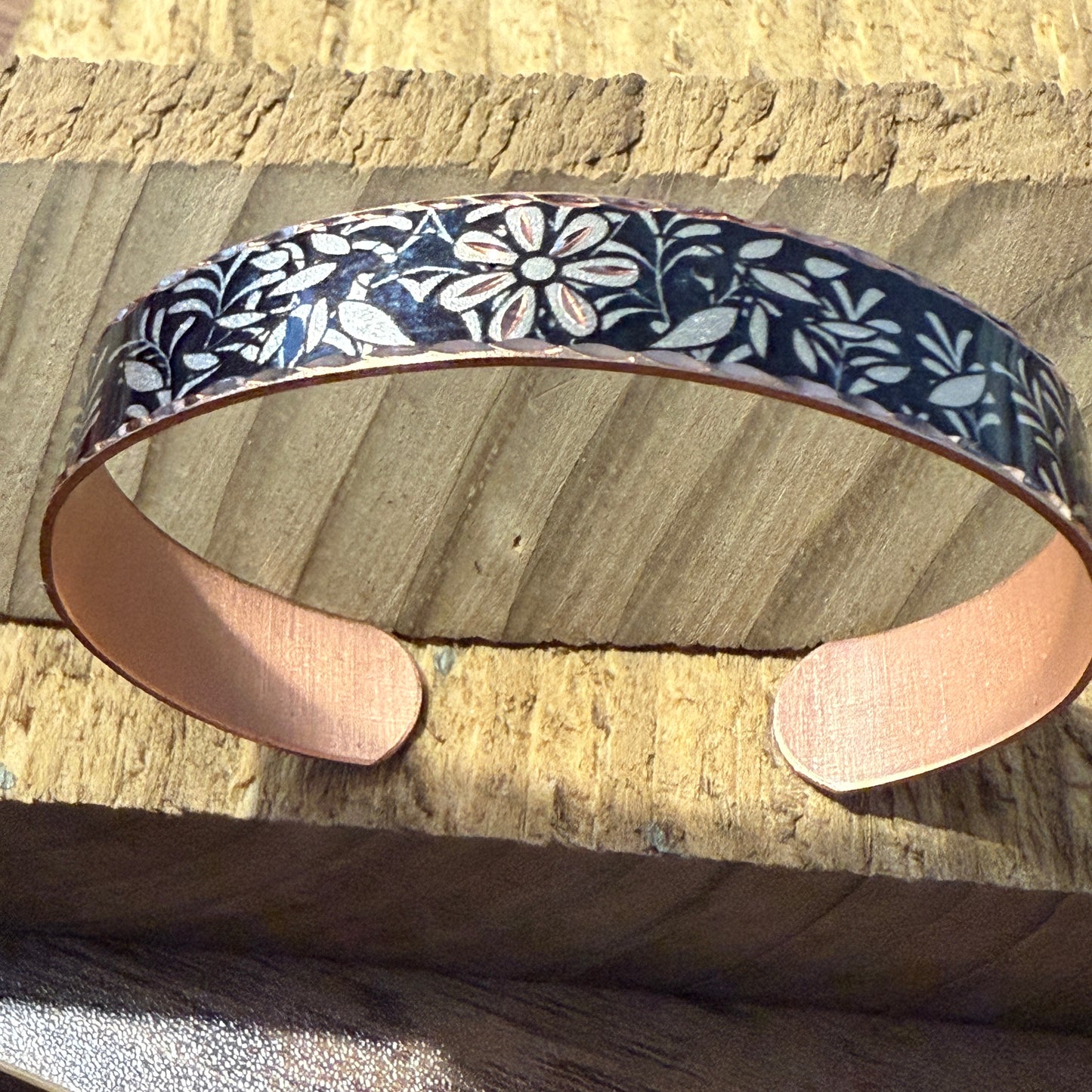 Handcrafted Copper Black Diamond Floral Narrow Cuff Bracelet Gift Box