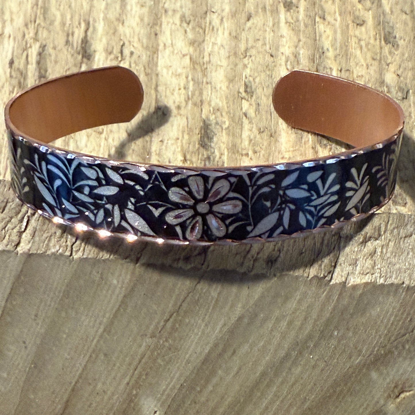 Handcrafted Copper Black Diamond Floral Narrow Cuff Bracelet Gift Box