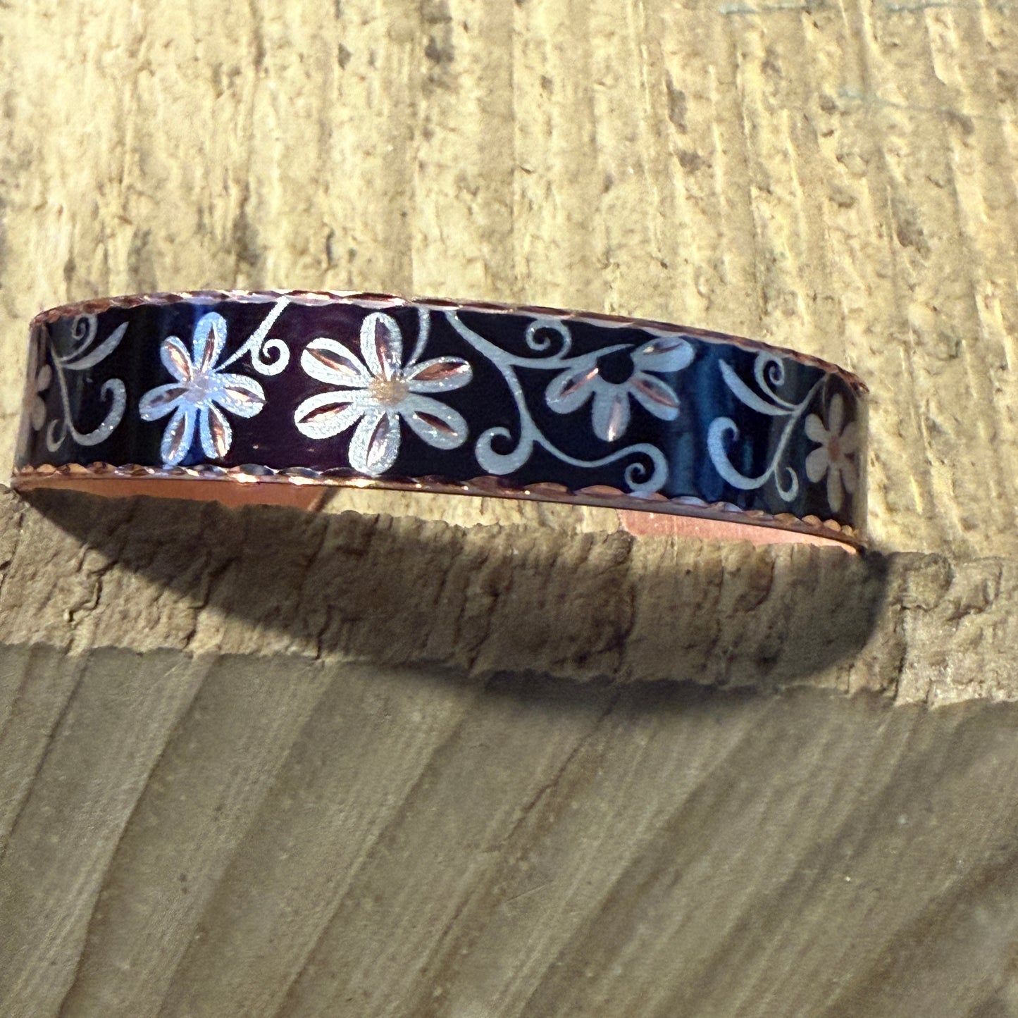 Copper Black Diamond Floral Narrow Cuff Bracelet Gift Box
