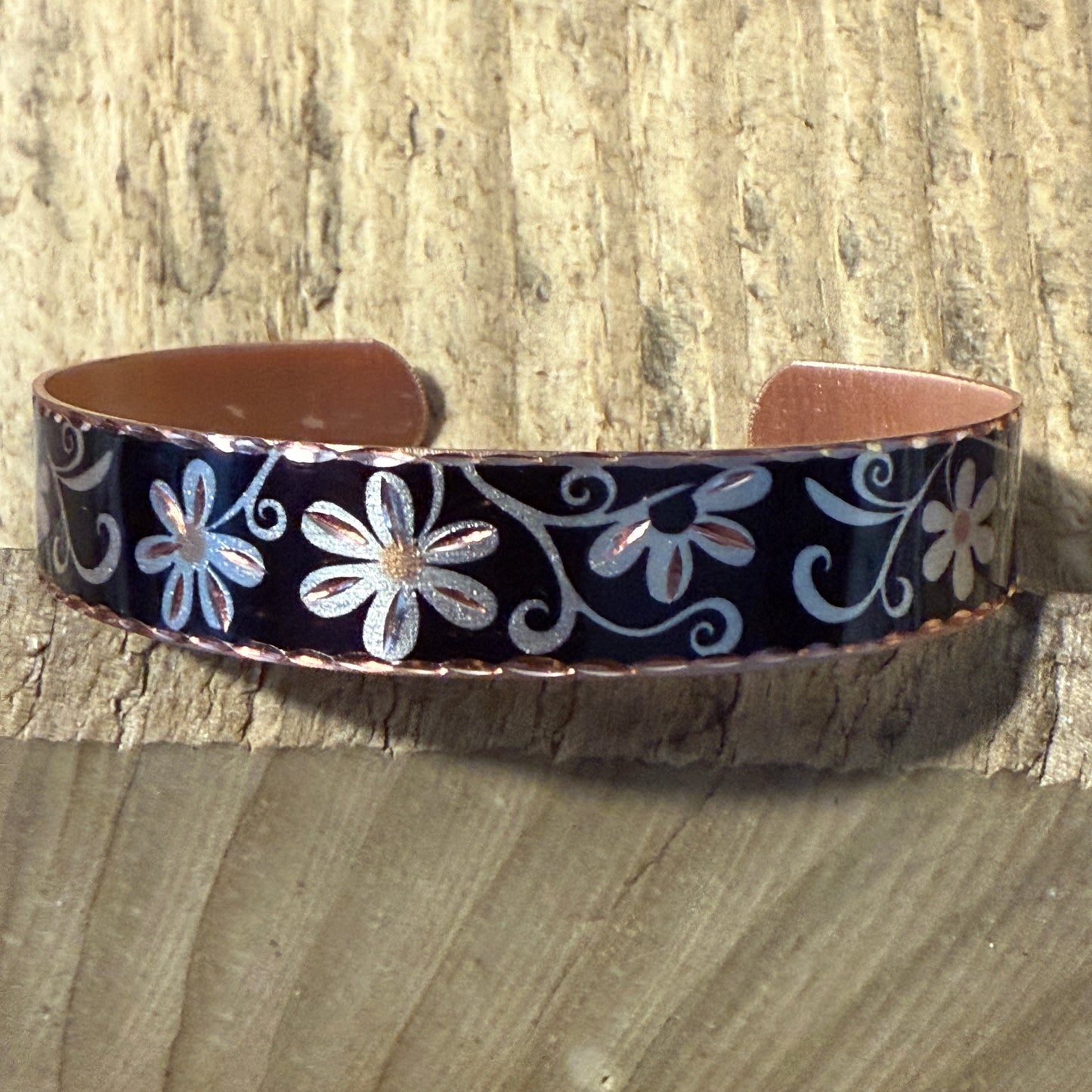 Copper Black Diamond Floral Narrow Cuff Bracelet Gift Box