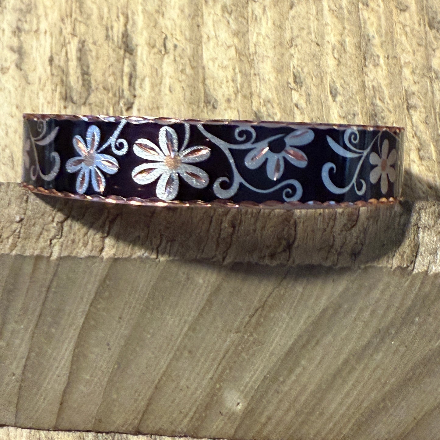 Copper Black Diamond Floral Narrow Cuff Bracelet Gift Box