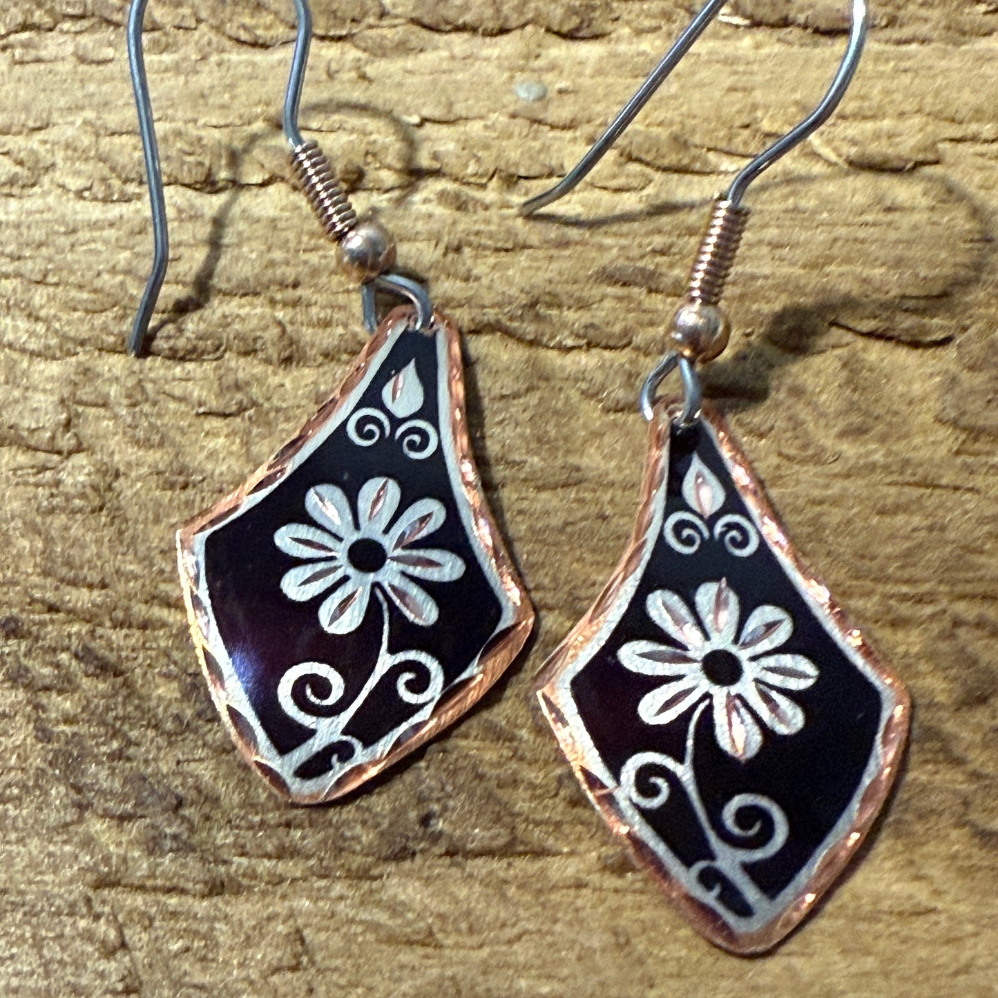 Handcrafted Copper Black Diamond Rose Gold Floral Wire Drop Earrings Gift Box