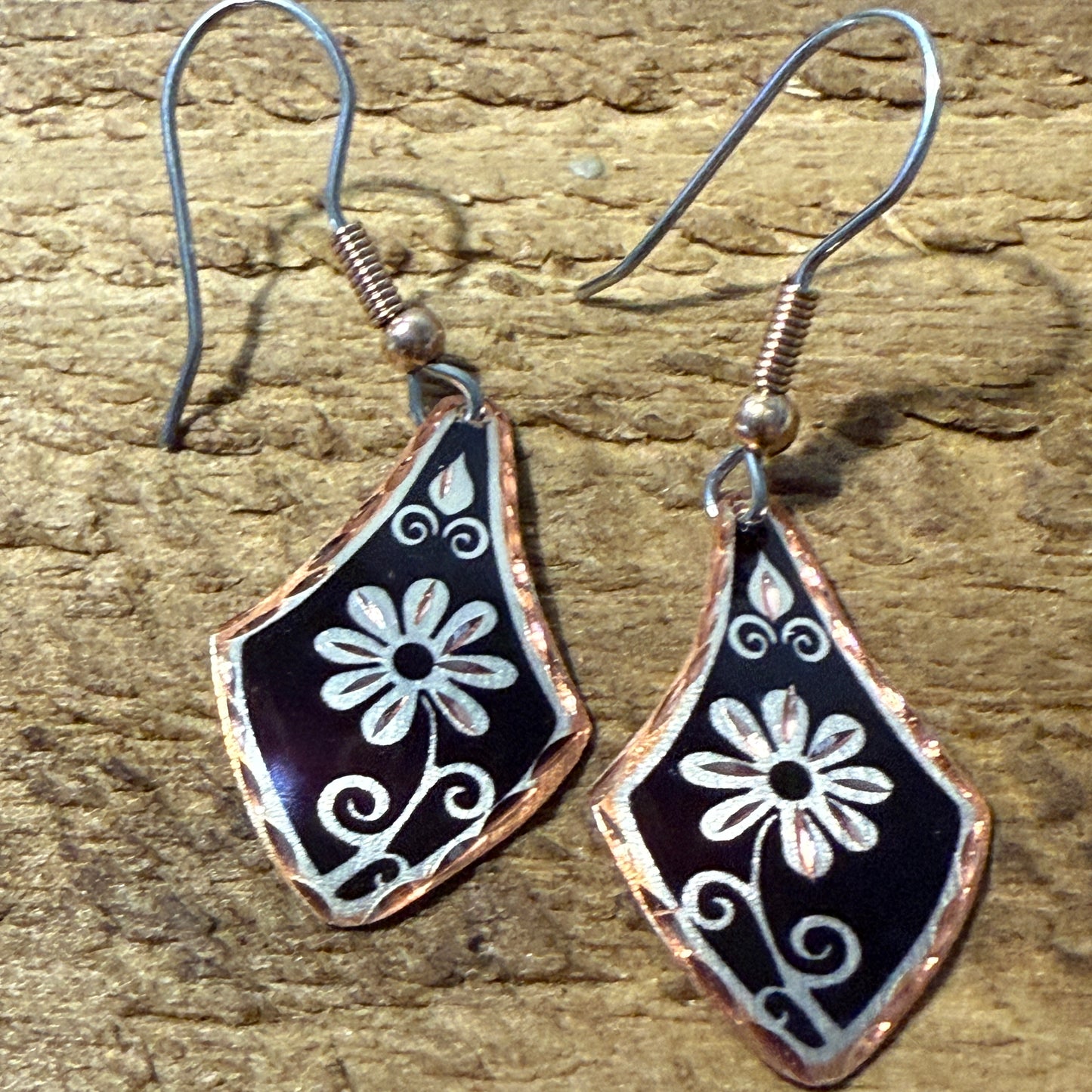 Handcrafted Copper Black Diamond Rose Gold Floral Wire Drop Earrings Gift Box