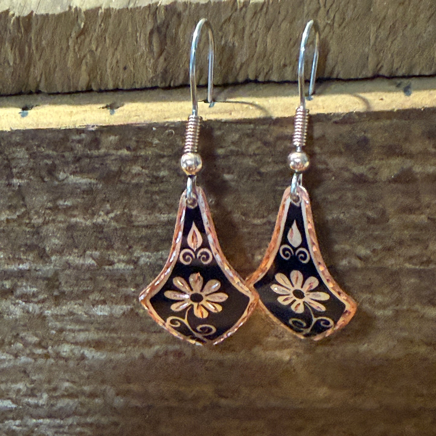 Handcrafted Copper Black Diamond Rose Gold Floral Wire Drop Earrings Gift Box