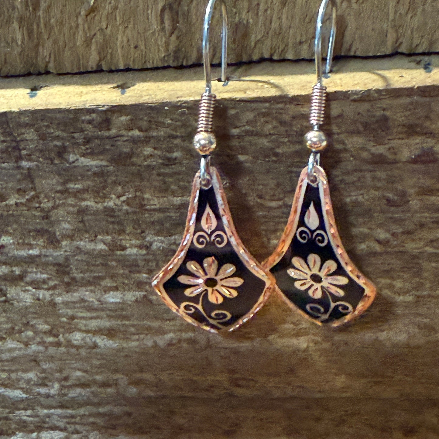 Handcrafted Copper Black Diamond Rose Gold Floral Wire Drop Earrings Gift Box
