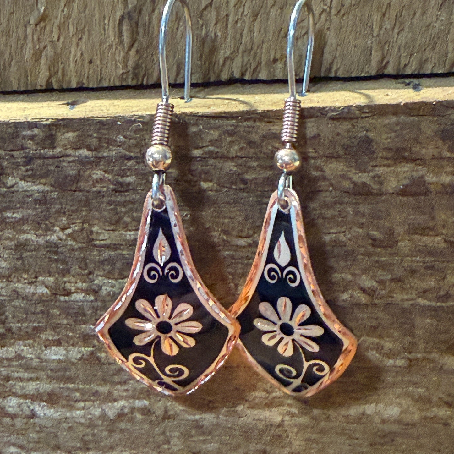 Handcrafted Copper Black Diamond Rose Gold Floral Wire Drop Earrings Gift Box