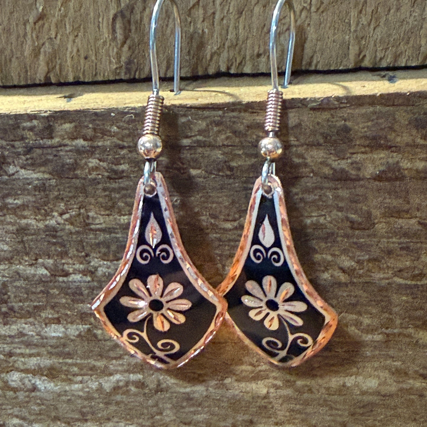 Handcrafted Copper Black Diamond Rose Gold Floral Wire Drop Earrings Gift Box