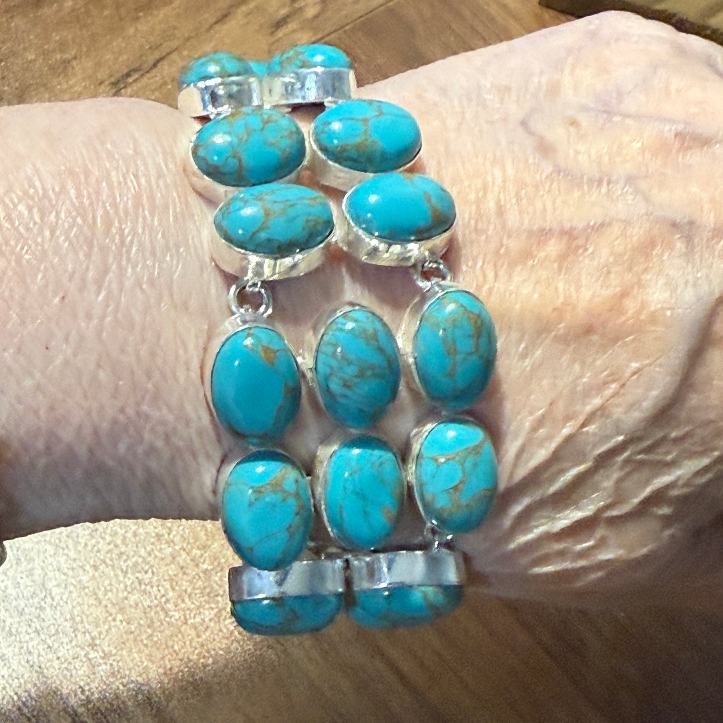 Blue Copper Dahlia Turquoise Gemstone Sterling Bracelet
