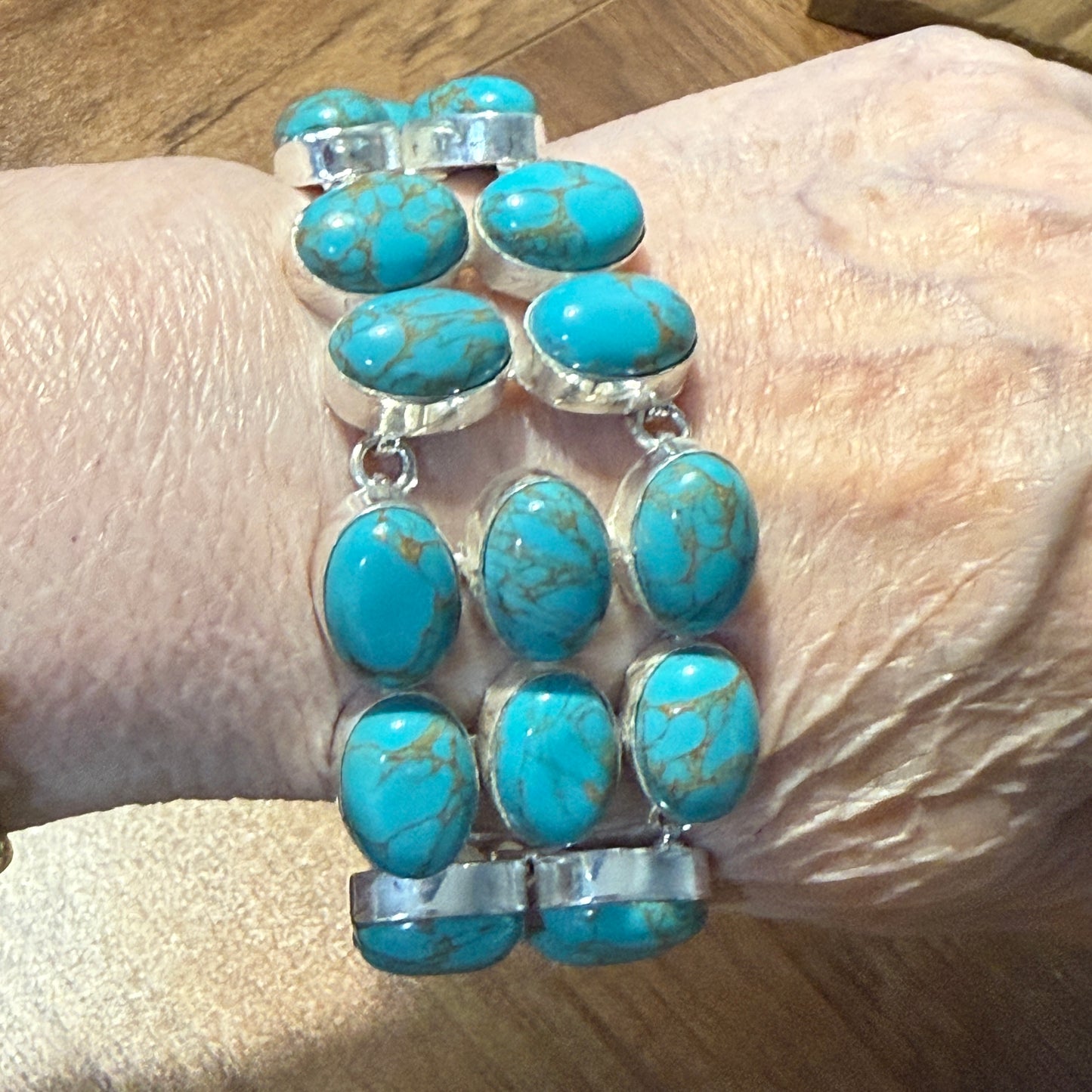 Blue Copper Dahlia Turquoise Gemstone Sterling Bracelet