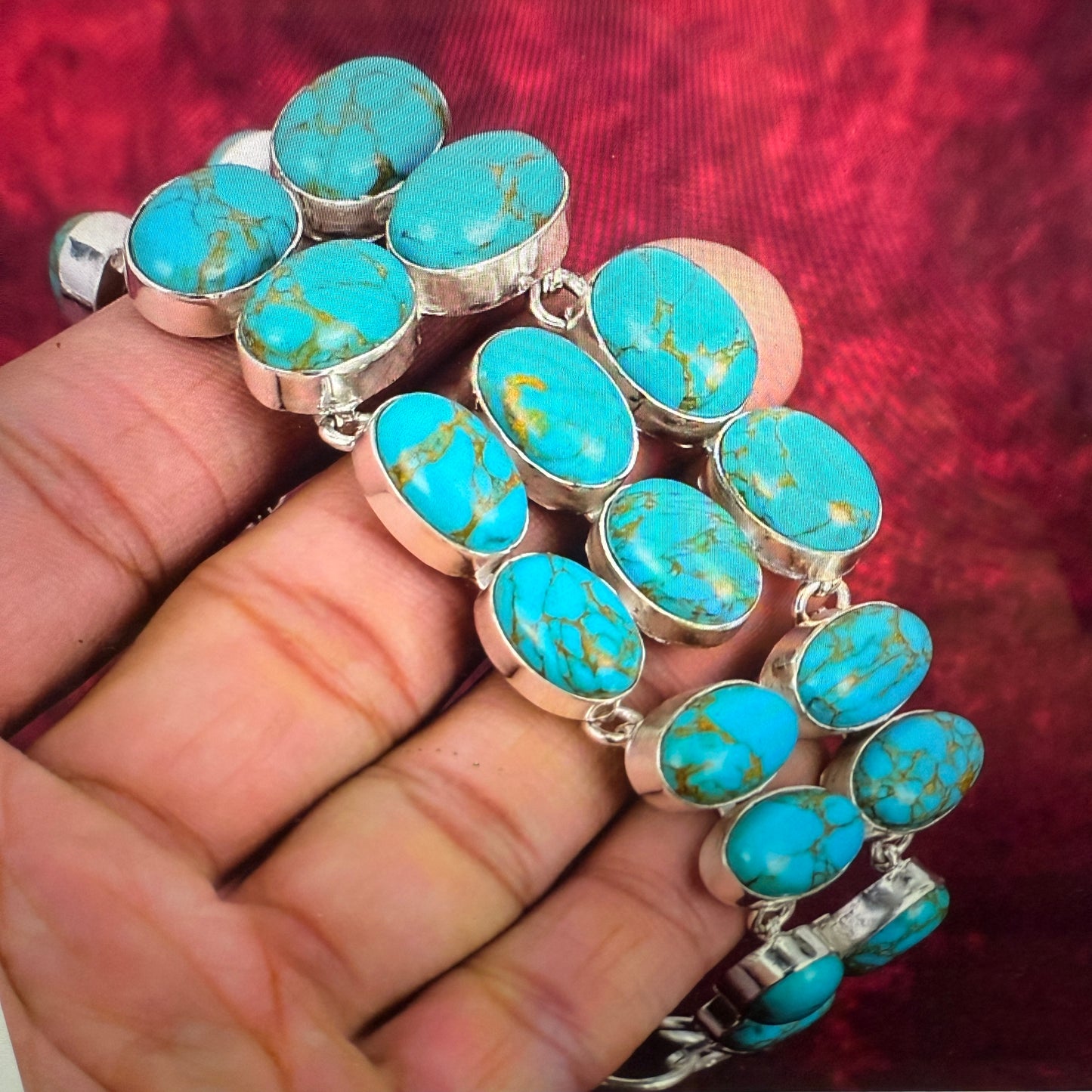 Blue Copper Dahlia Turquoise Gemstone Sterling Bracelet