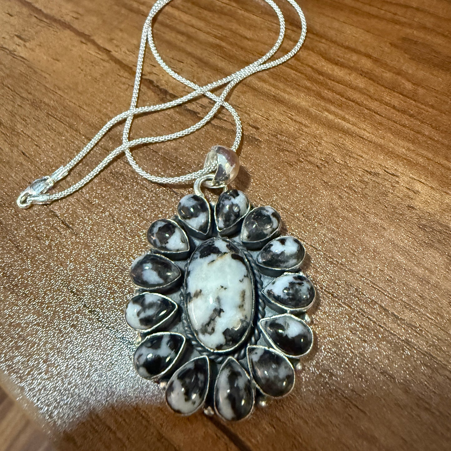 White Buffalo Turquoise Navajo Pendant In Sterling Silver
