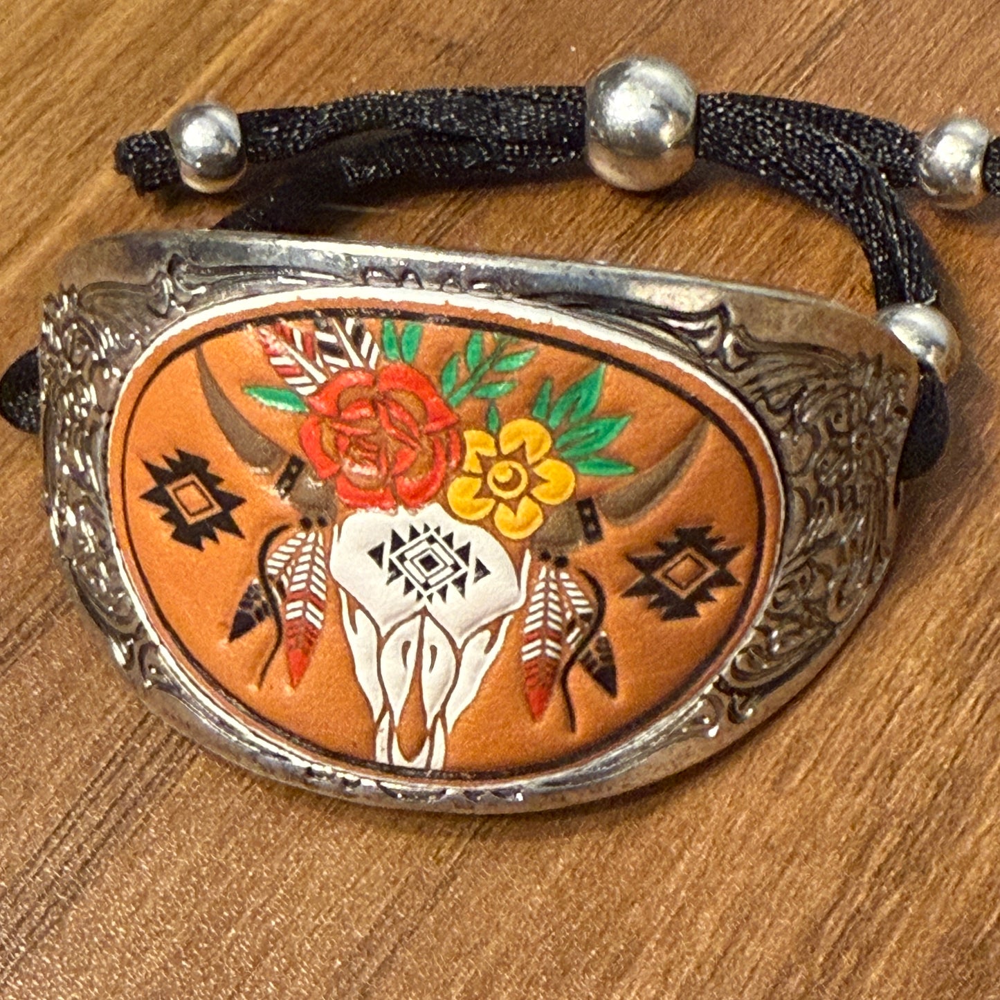 Western Longhorn Skull Leather Carved Cuff Bracelet for Cowboys and Cowgirls