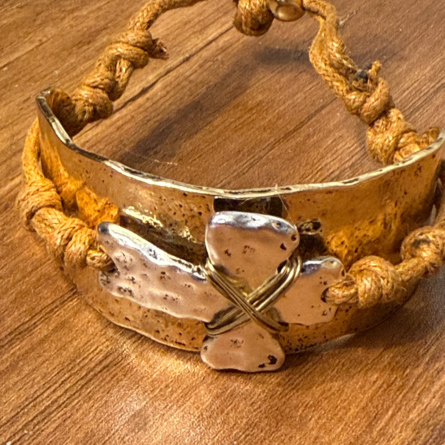 Cross Rustic Western Hammered Metal Cuff Bracelet With Large Cross Rope